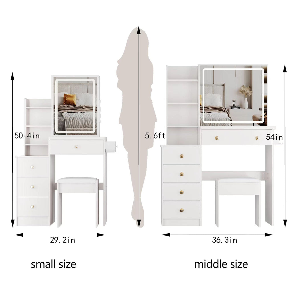 Cabinet Vanity Table & Cushioned Stool, USB Power Station, Hair Dryer Bracket - White