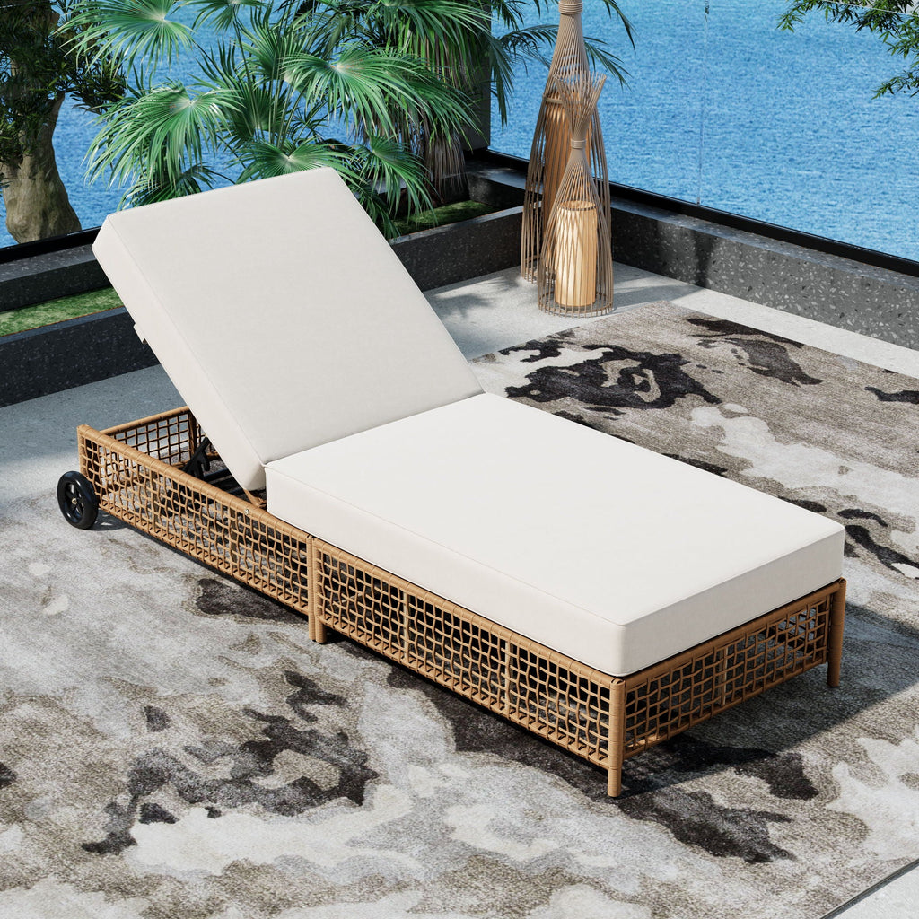 Outdoor Lounge Chair With 5 Position Backrest With Cushion And Wheels