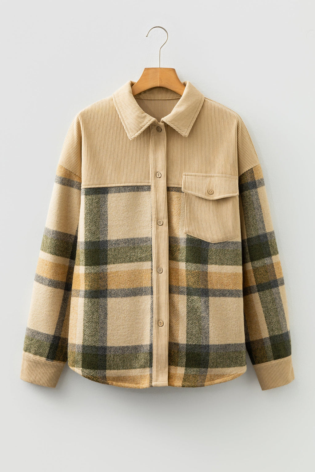 Plaid Corduroy Patchwork Chest Pocket Shacket