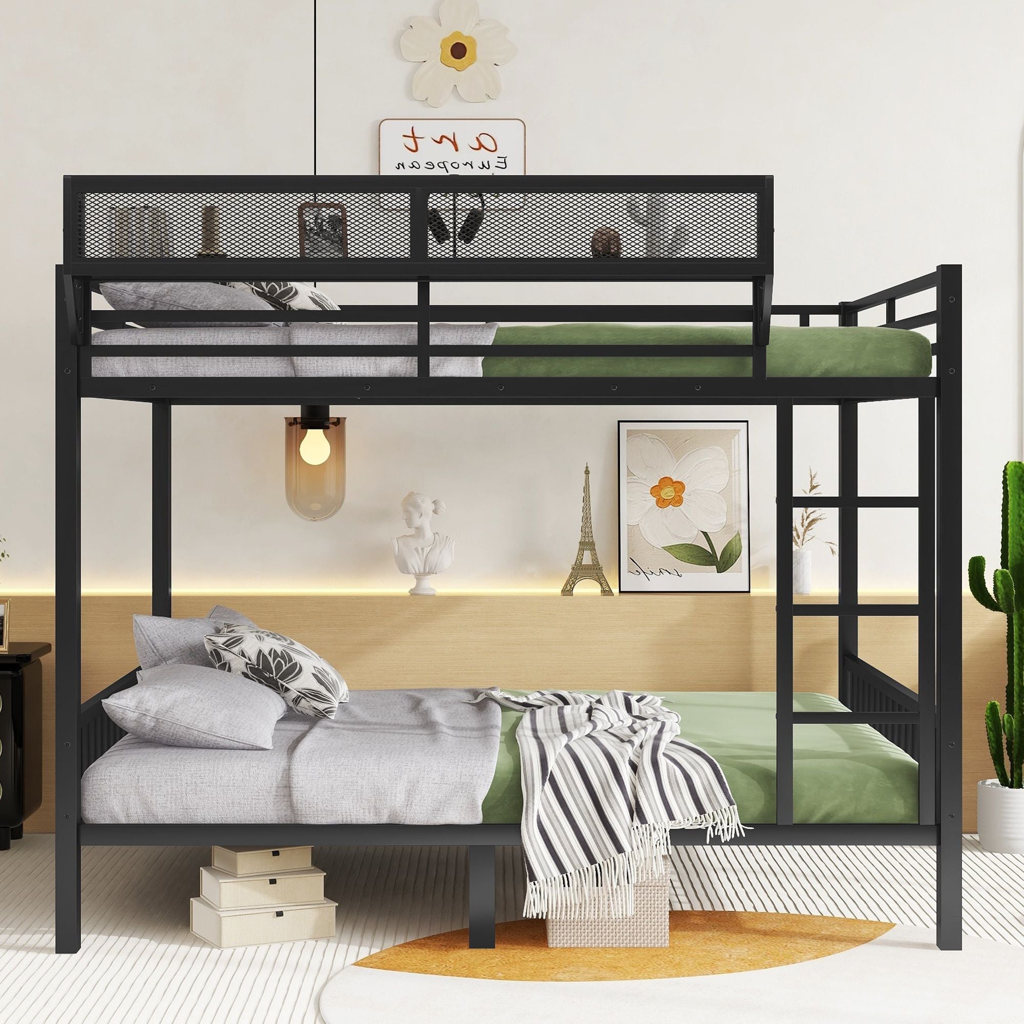 Queen Over Queen Bunk Bed With Ladder And Storage Shelf - Black