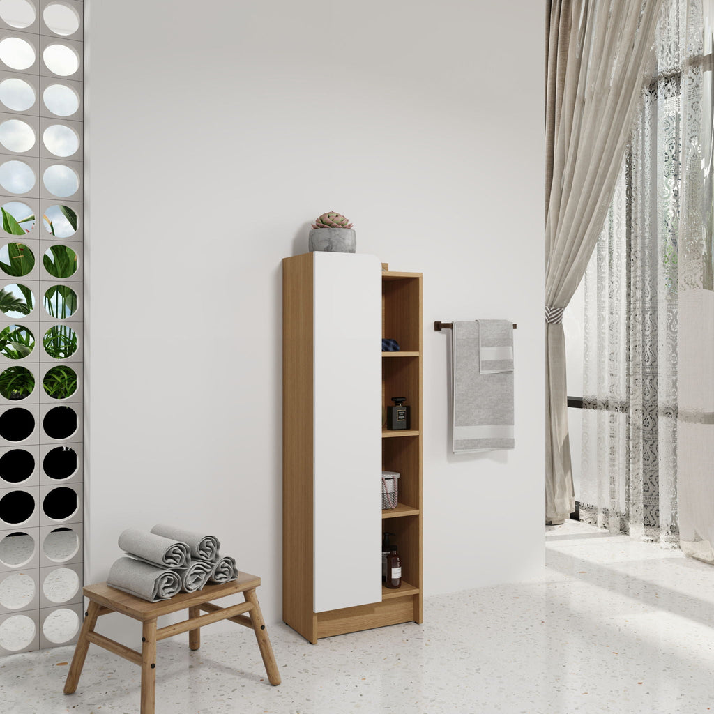 Tall Freestanding Bathroom Side Cabinet With Single Door & 4 Tier Open Shelves - Black / Light Oak / White
