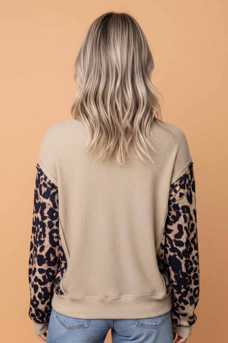 Leopard Ribbed Trim Waffle Knit Split Hem Sweater