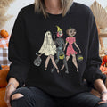Three Girls Vintage Halloween Moonlit Parade of Spooky Characters and Witch Silhouettes Sweatshirt