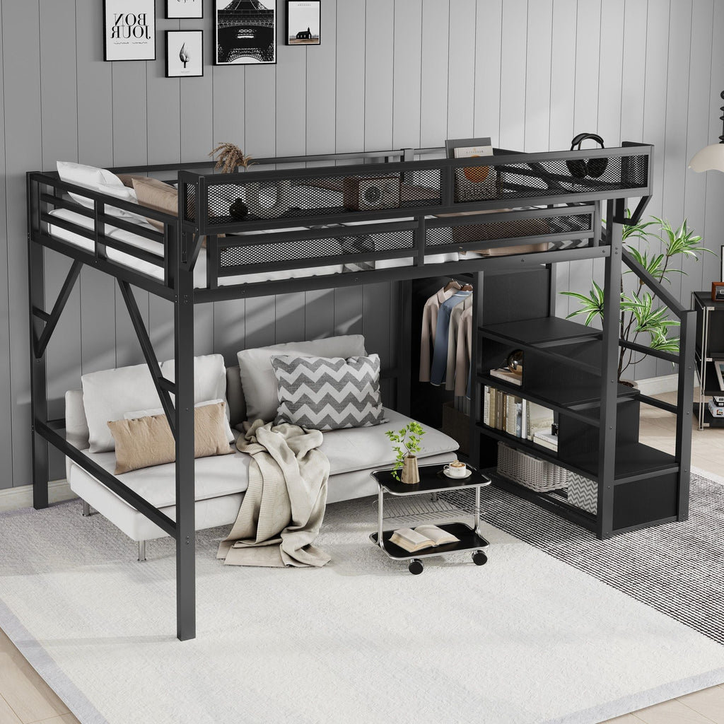 Queen Size Loft Bed With Stairs, Storage Shelves, Wardrobe - Black