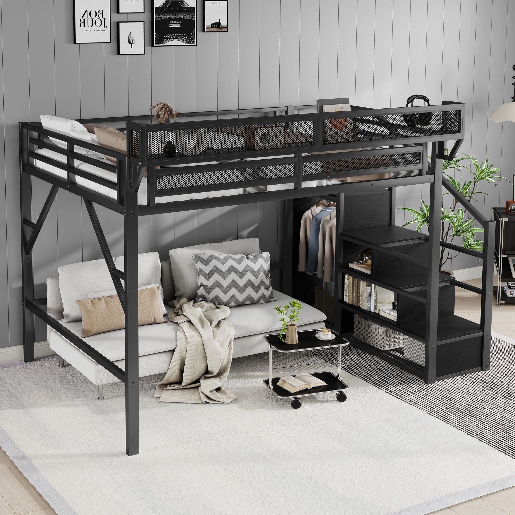 Queen Size Loft Bed With Stairs, Storage Shelves, Wardrobe - Black