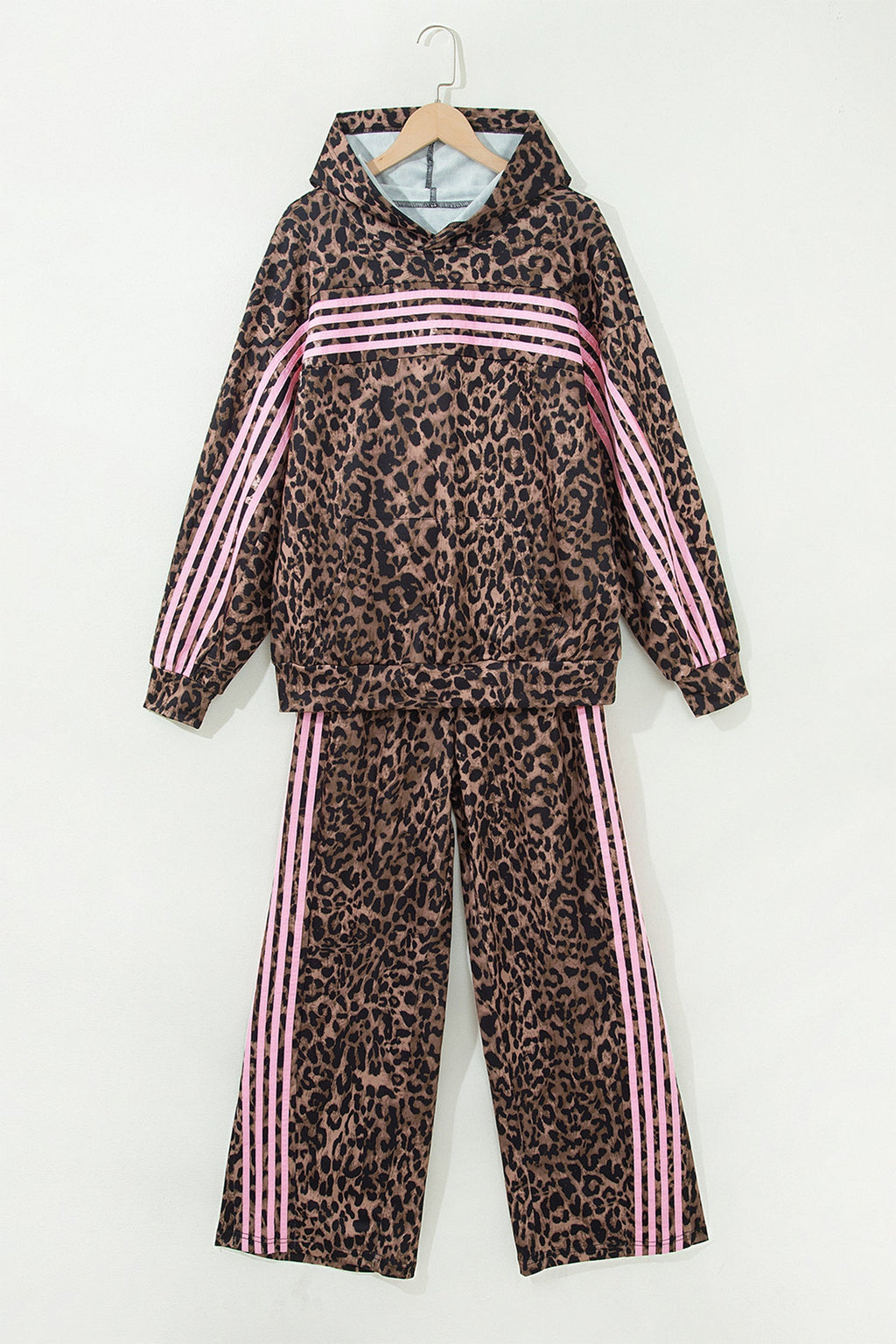 Leopard Contrast Stripe Hoodie & Drawstring Pants Set