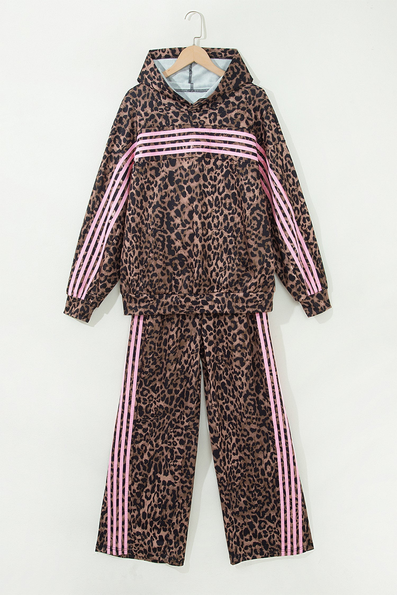 Leopard Contrast Stripe Hoodie & Drawstring Pants Set