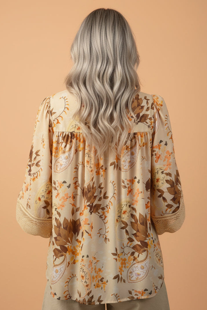 Paisley Lace Patchwork Long Sleeve V-Neck Blouse