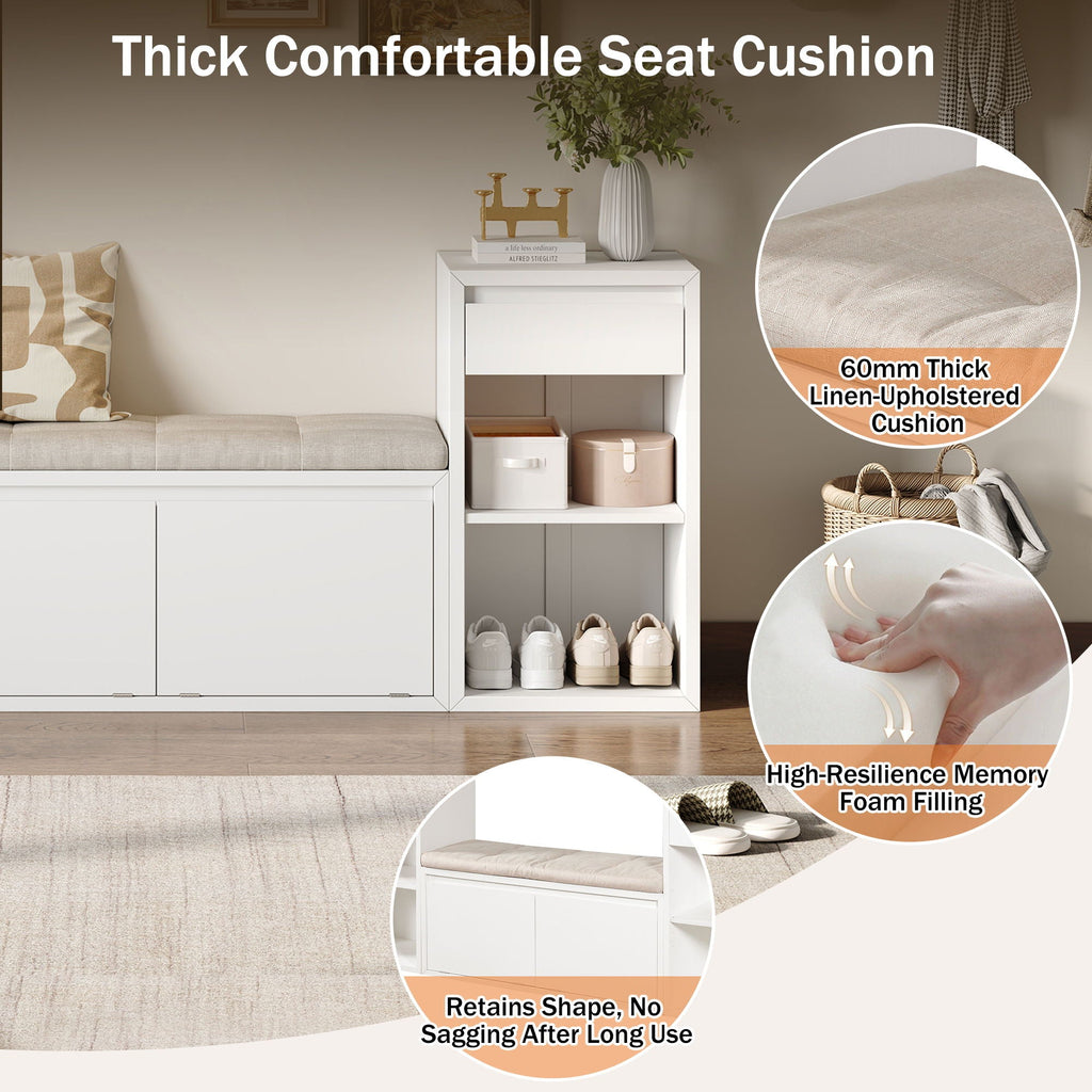 Entryway Storage Bench With Cushion, Drawers & Open Shelves