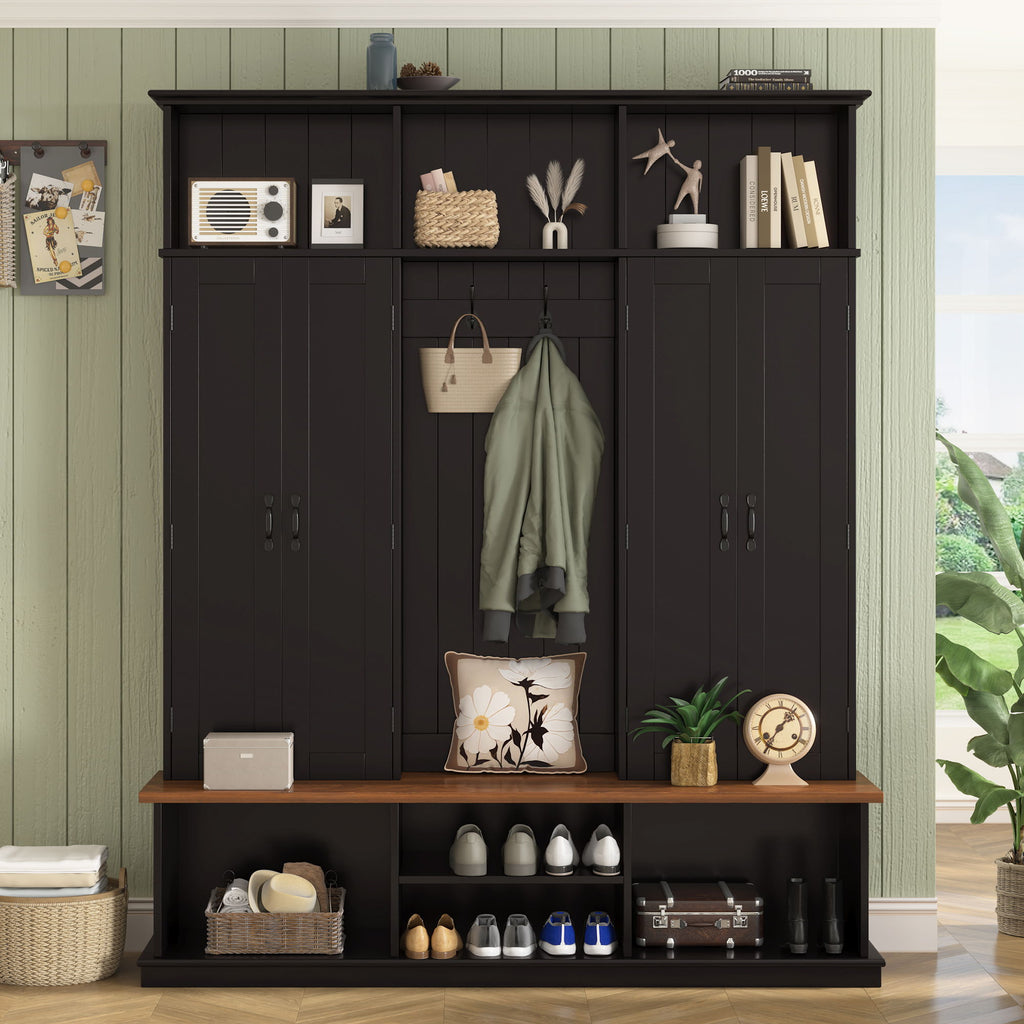 Entryway Hall Tree With Bench, 3 Top Cubbies & Bottom Storage Space