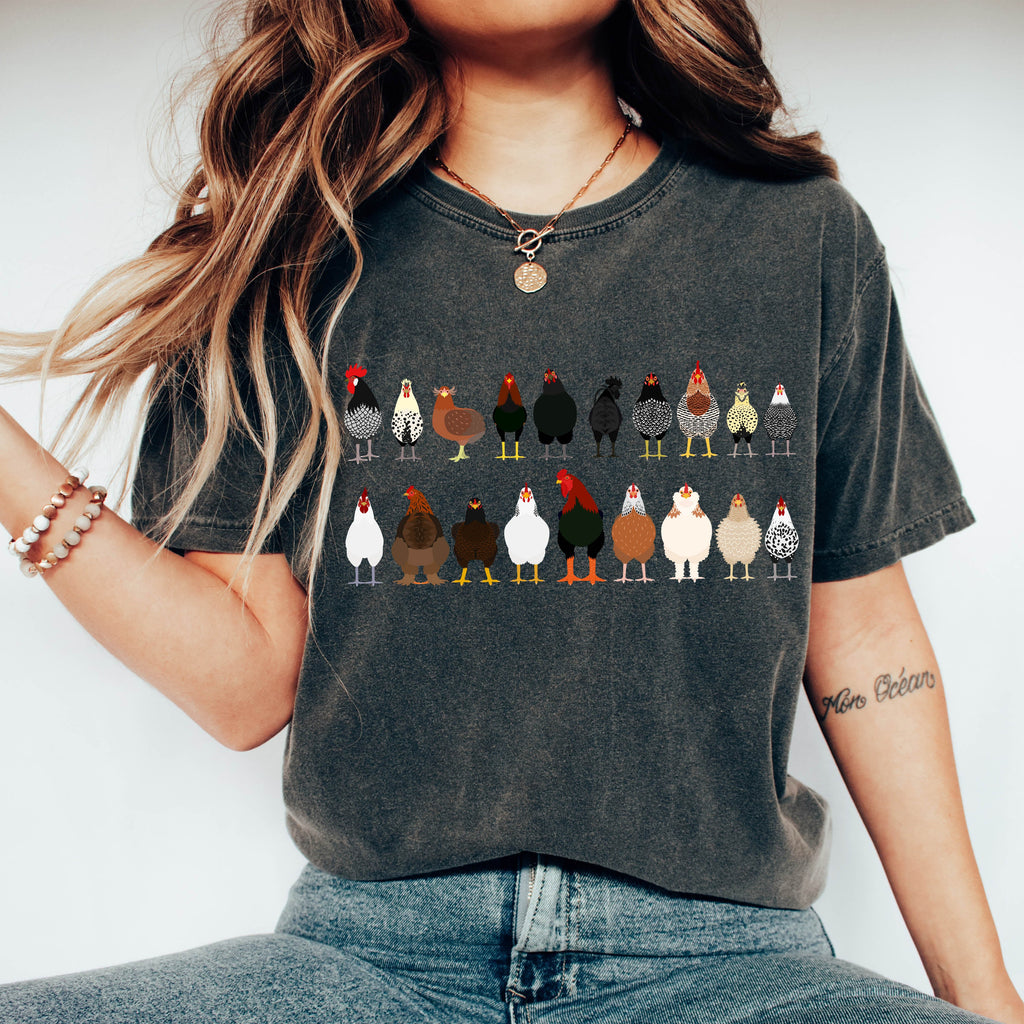 Chicken Lovers Farm Animal Breed Portraits Illustration Of Chicken Breeds Comfort Colors Tee