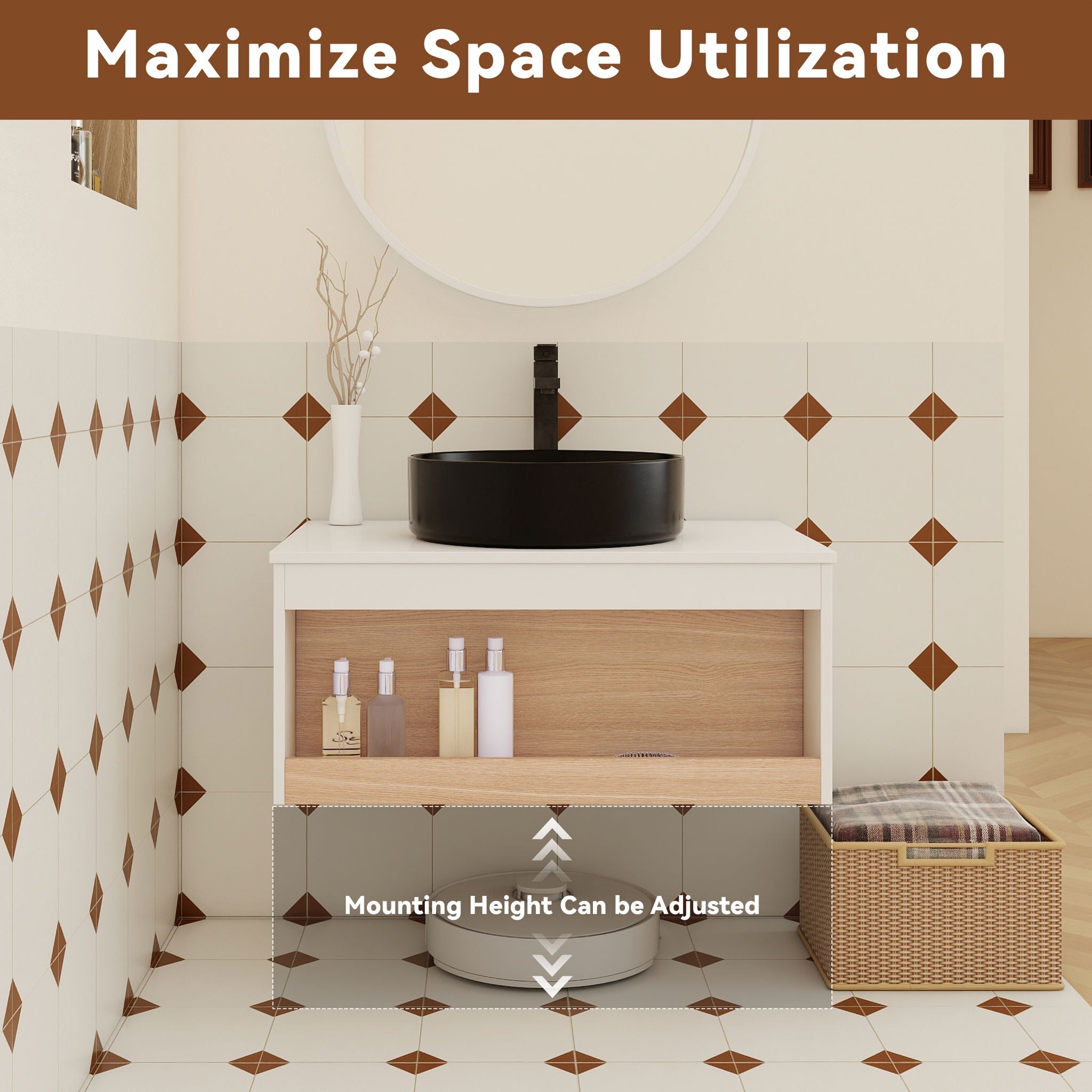 Floating Bathroom Vanity With Glossy Round Vessel Sink
