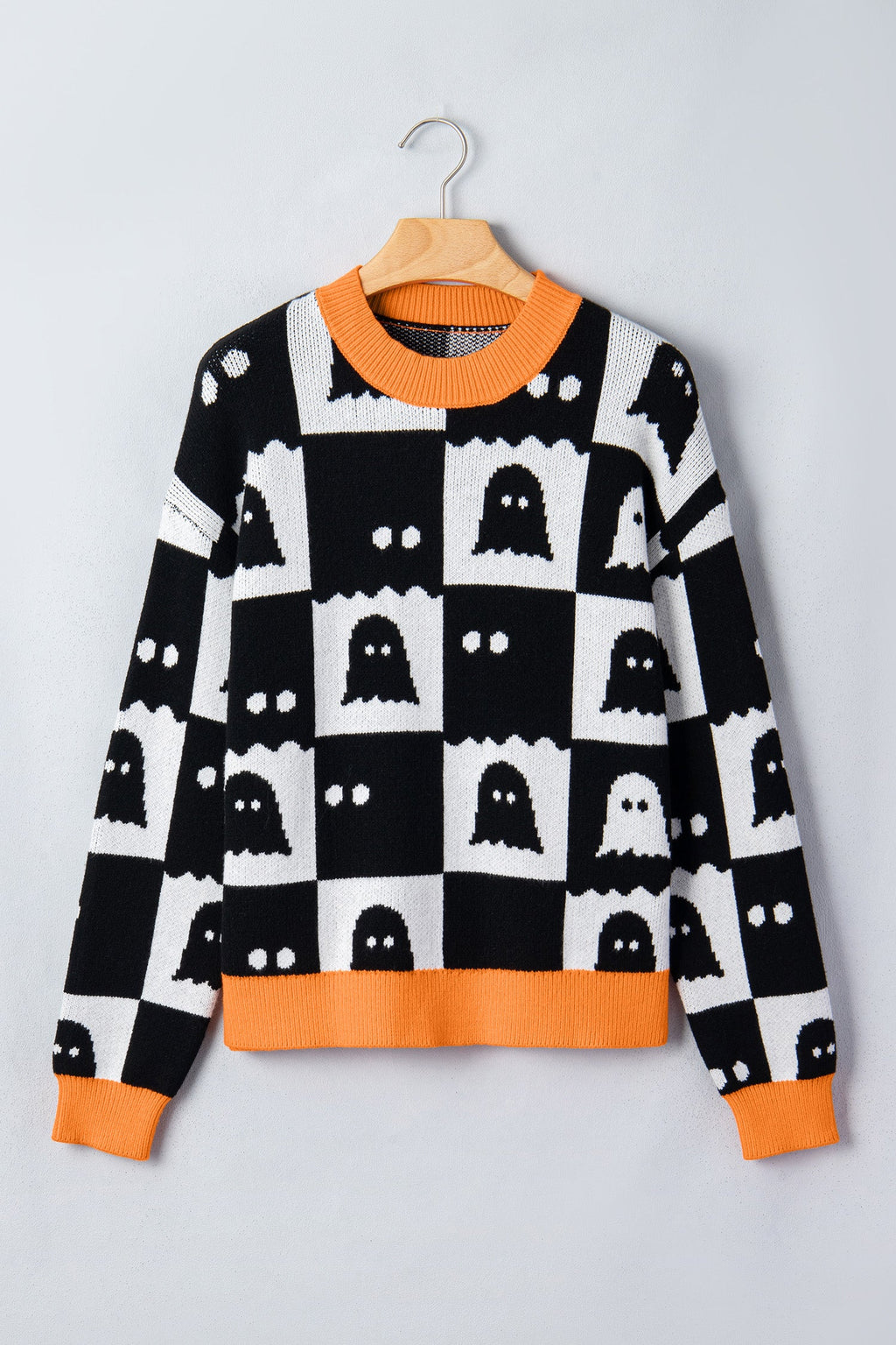 Halloween Ghost Checker High Neck Drop Shoulder Sweater