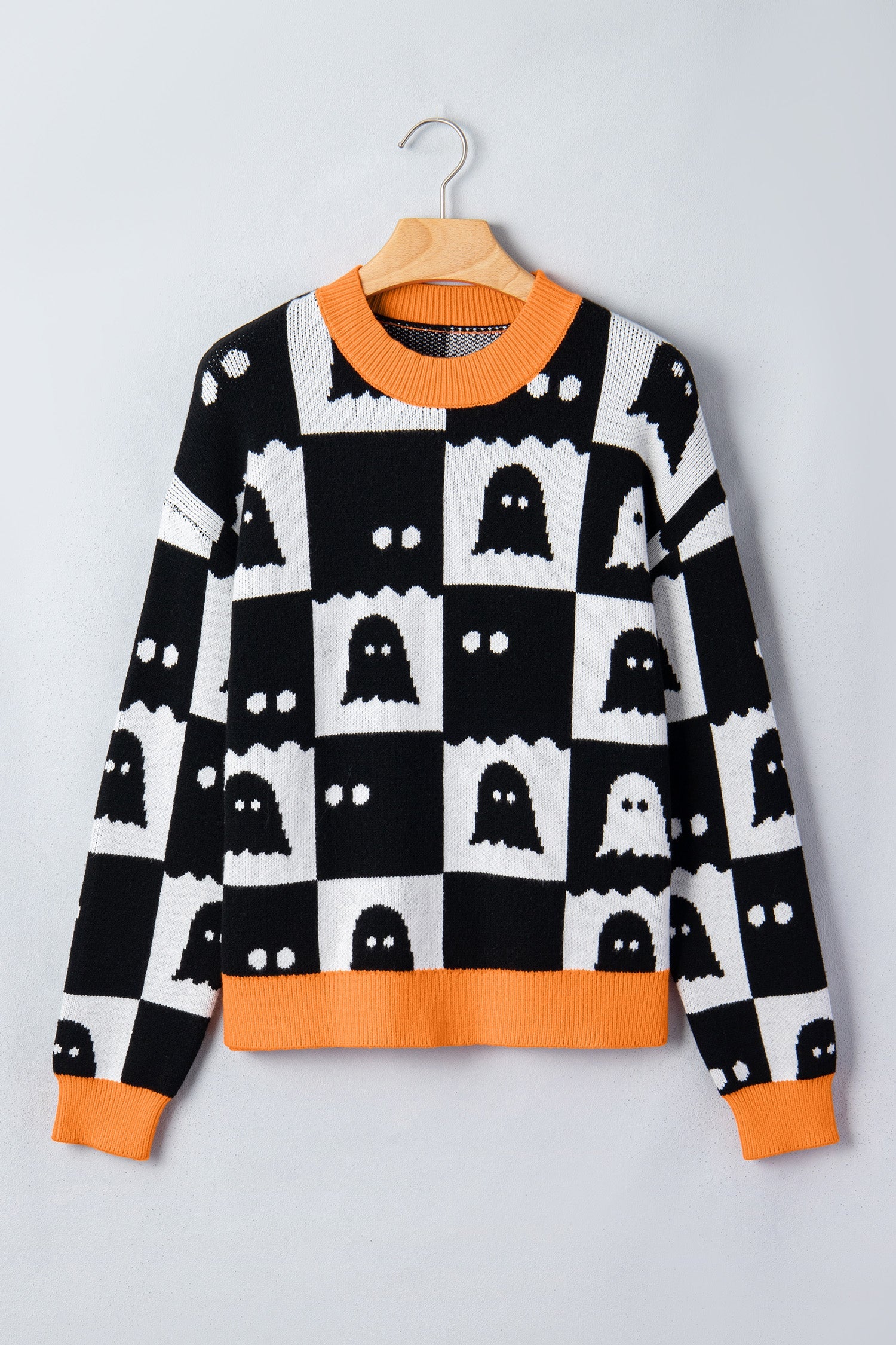 Halloween Ghost Checker High Neck Drop Shoulder Sweater
