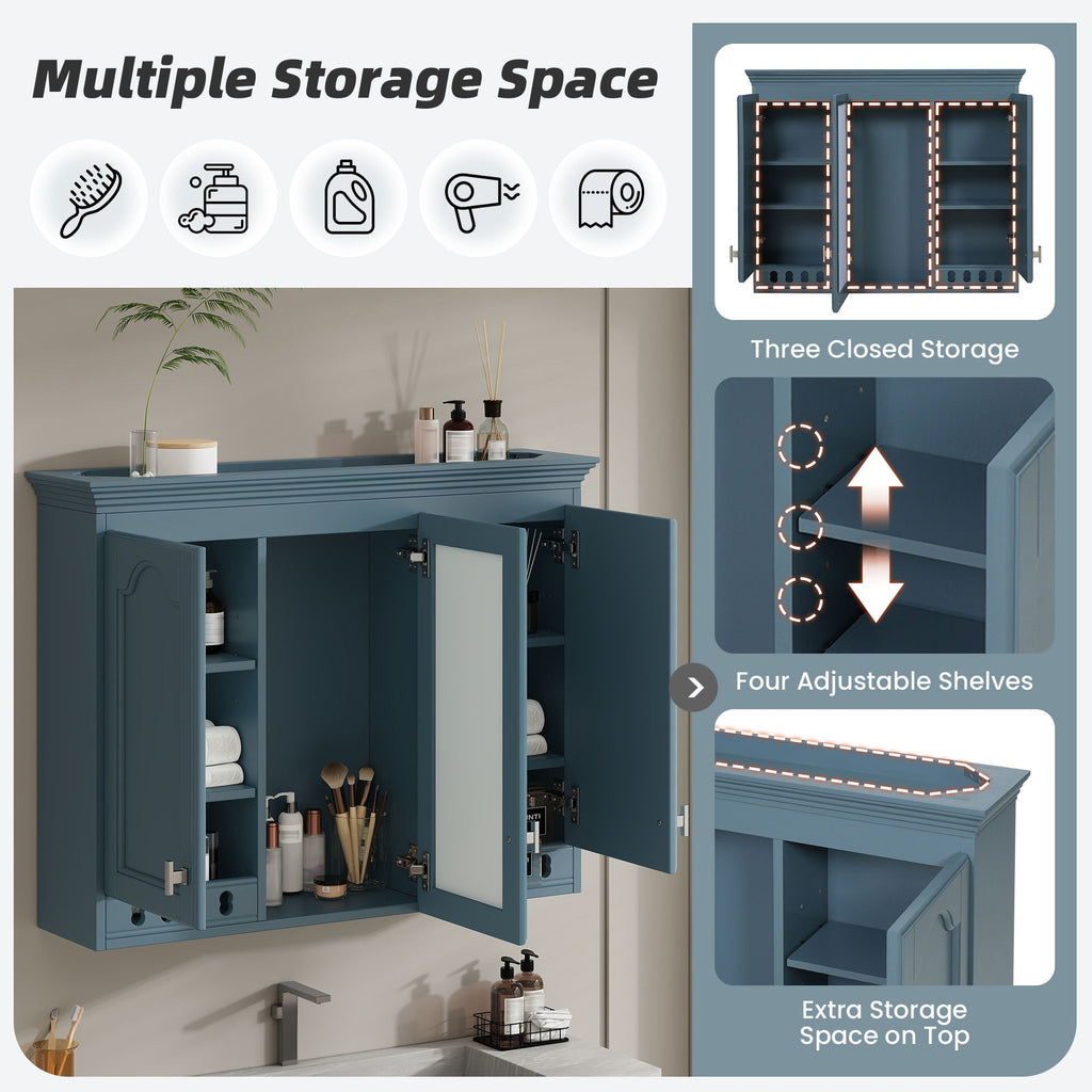 Wall Mount Mirror Cabinet With Adjustable Shelves, Soft Closing Hinges