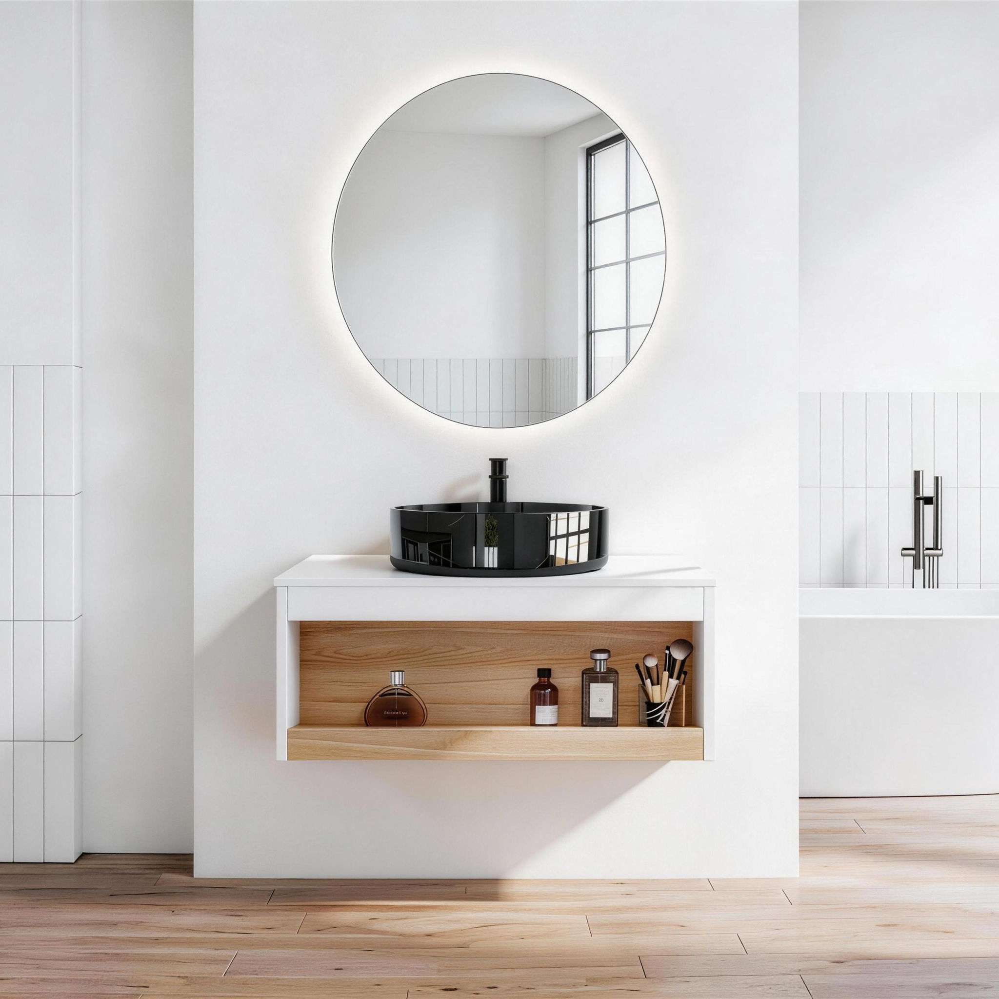 Floating Bathroom Vanity With Vessel Sink With Open Shelf Storage