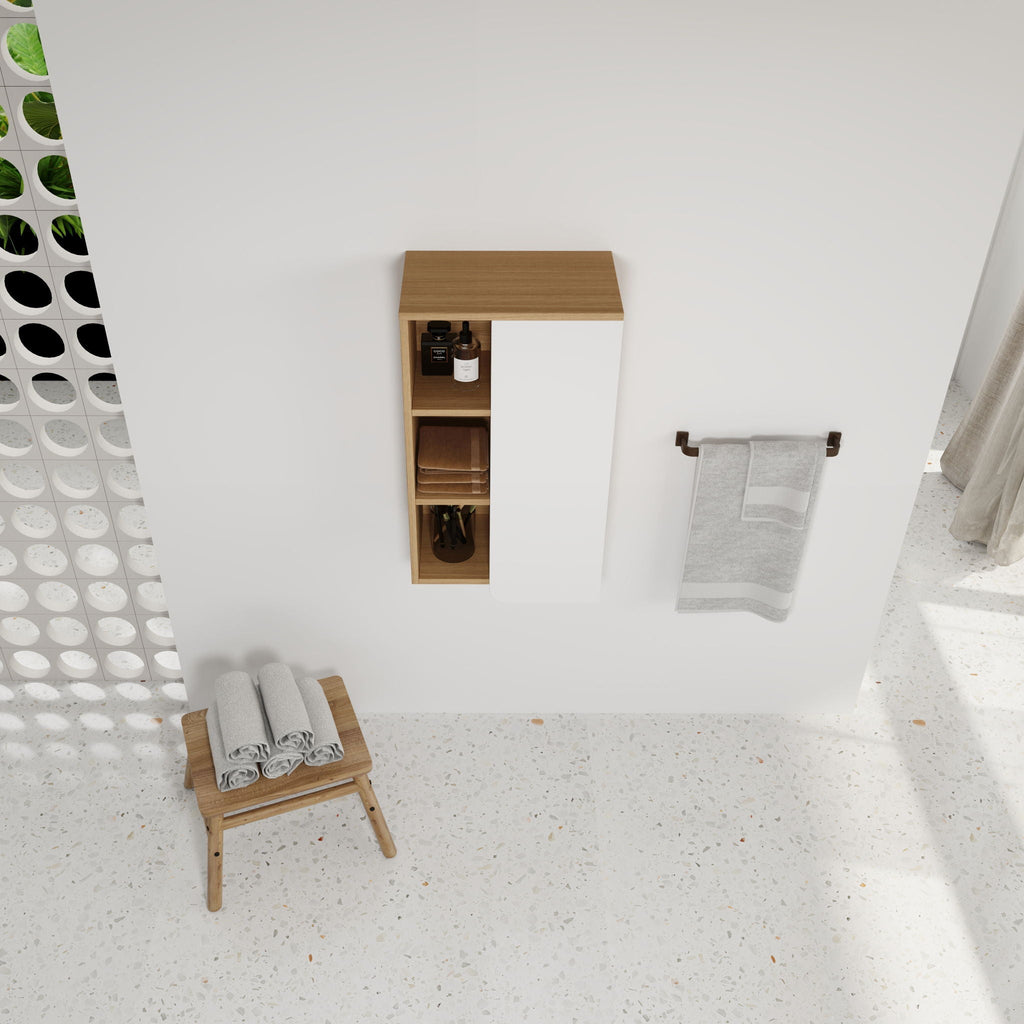 Wall Mounted Bathroom Side Cabinet, Single Door With 3 Tier Open Shelves - Black / Light Oak / White