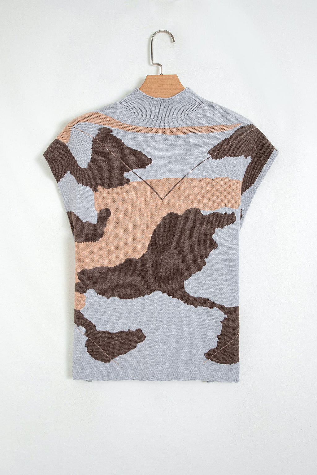 Camo Drop Shoulder High Neck Short Sleeve Sweater