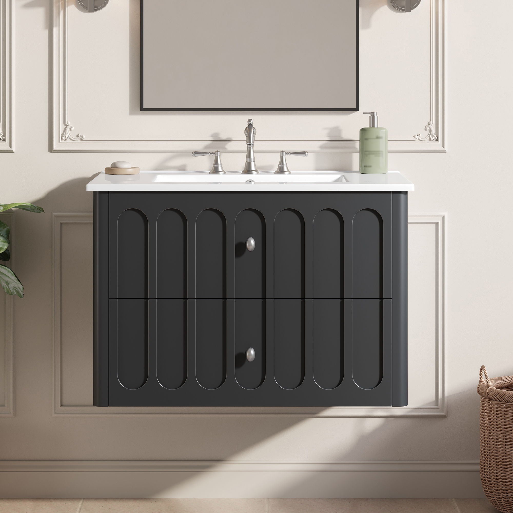 Floating Bathroom Vanity With Oval Knobs & Round Edge, Soft Close Drawer Slides