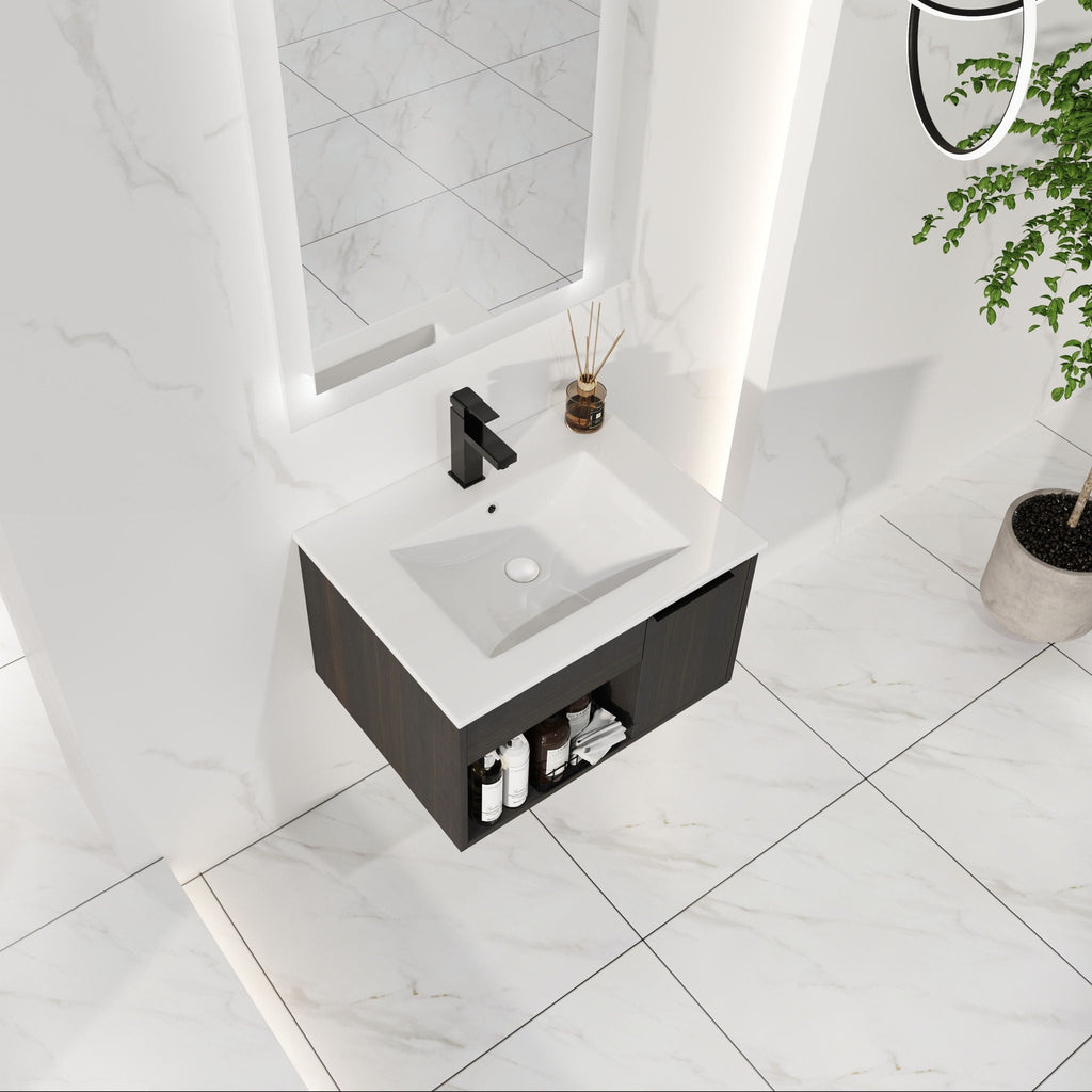 Wall Mounted Floating Bathroom Vanity With Open Shelf & Soft Close Door
