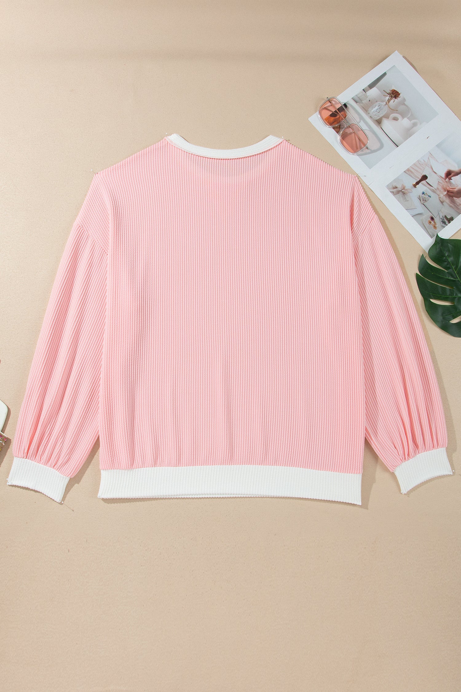 Plus Size Colorblock Ribbed Knit Long Sleeve Blouse