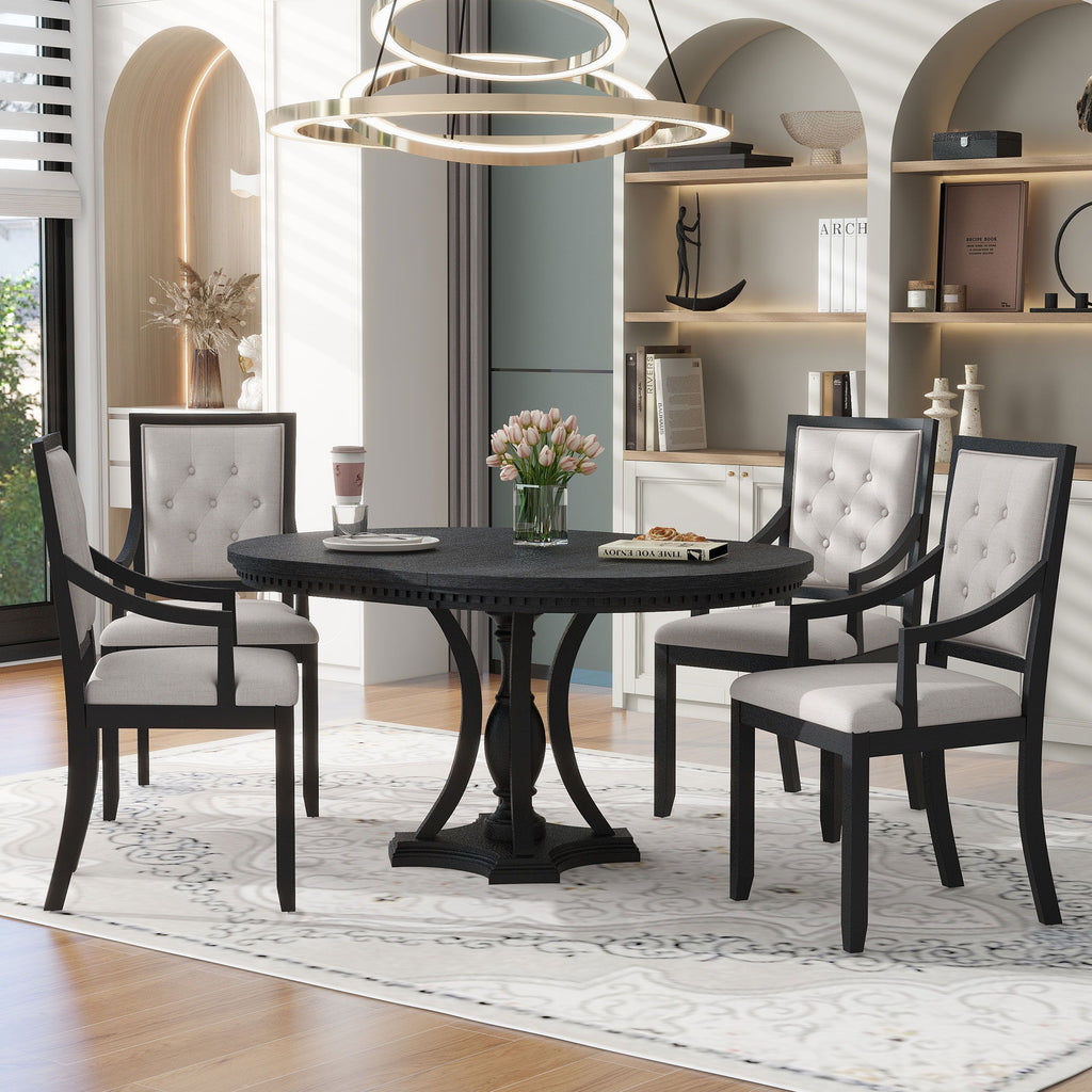 5 Piece Dining Set Extendable Round Table And 4 Chairs - Black / Oak