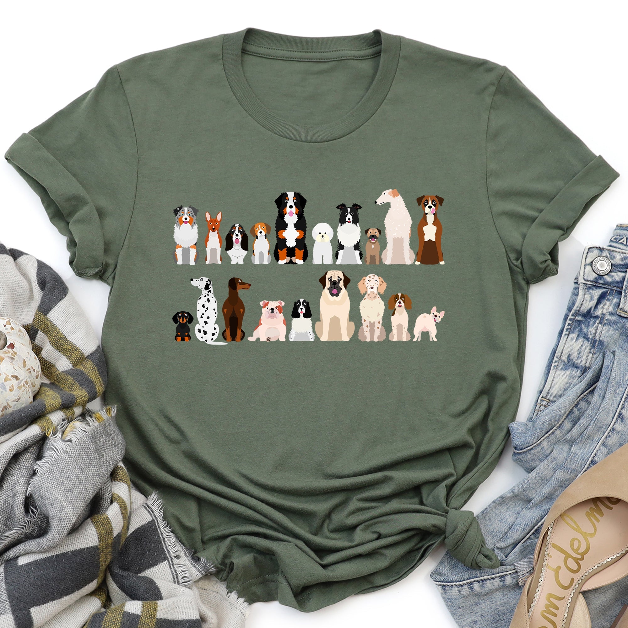 Dog Lovers Breeds Illustration Featuring Beloved Canines In Playful Portraits Graphic Tee