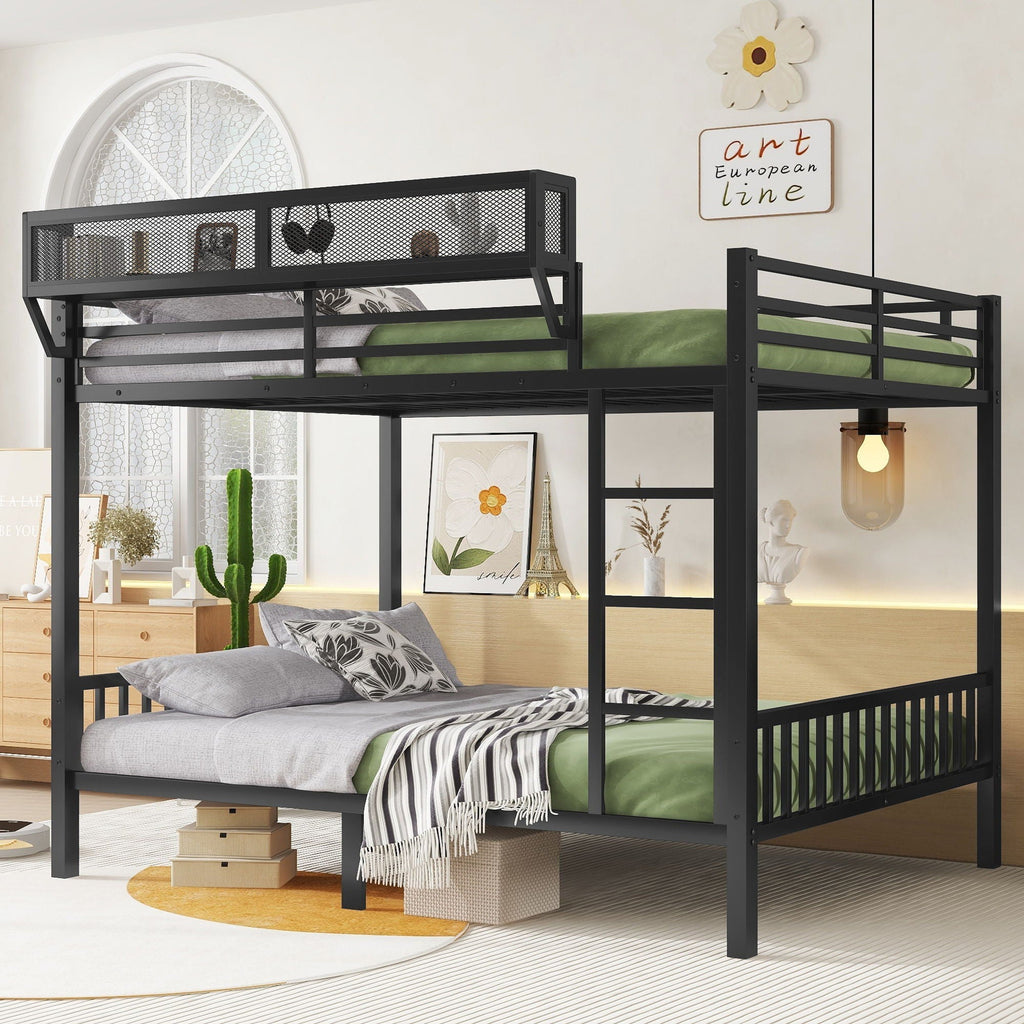 Queen Over Queen Bunk Bed With Ladder And Storage Shelf - Black