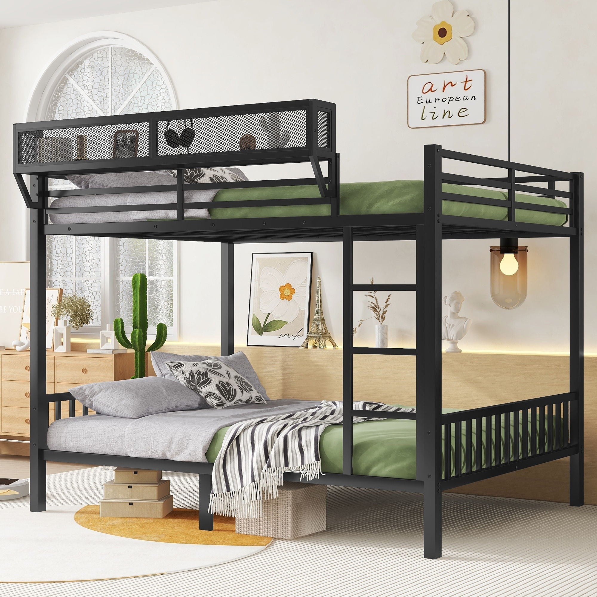 Queen Over Queen Bunk Bed With Ladder And Storage Shelf - Black