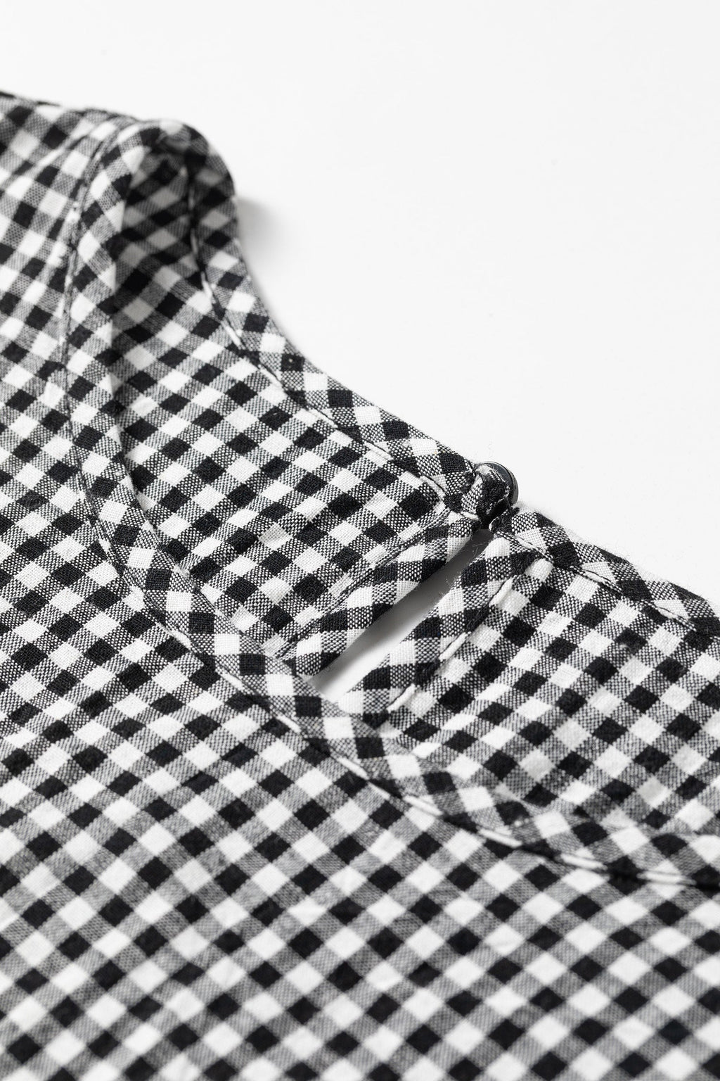 Gingham Shirred Cuff Long Sleeve Round Neck Blouse