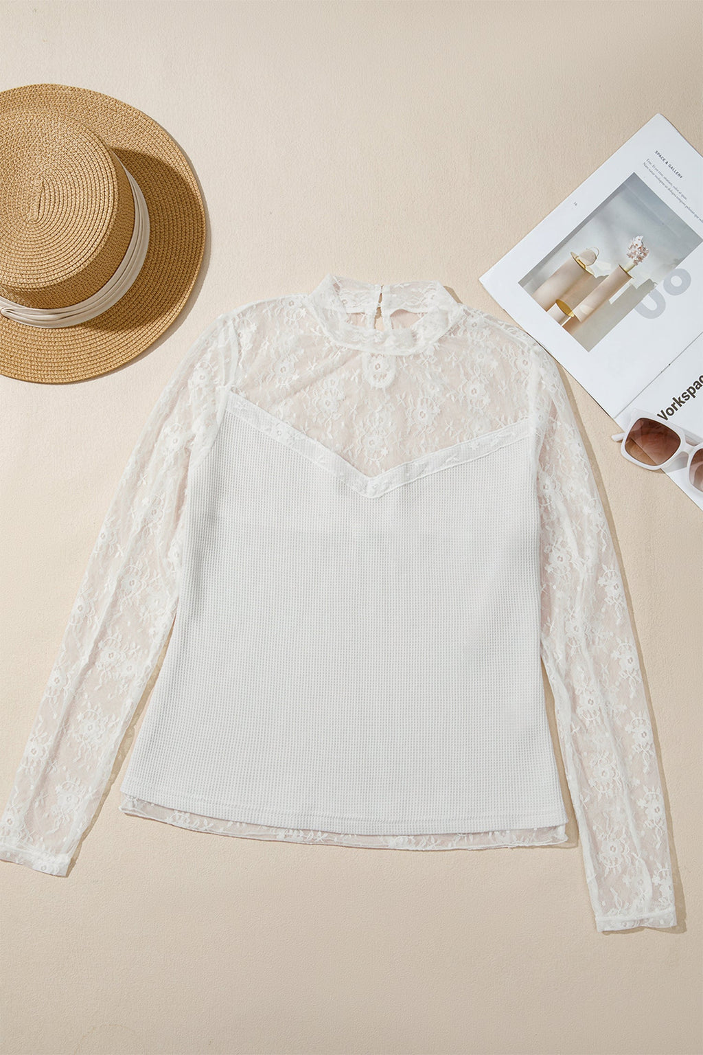Lace Mesh Patchwork Ribbed Long Sleeve Top