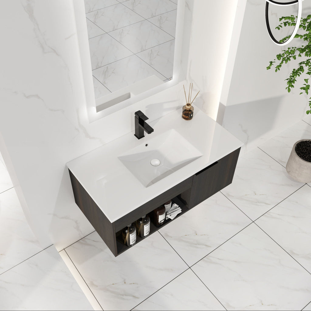 Wall Mounted Floating Bathroom Vanity With Open Shelf & Soft Close Door