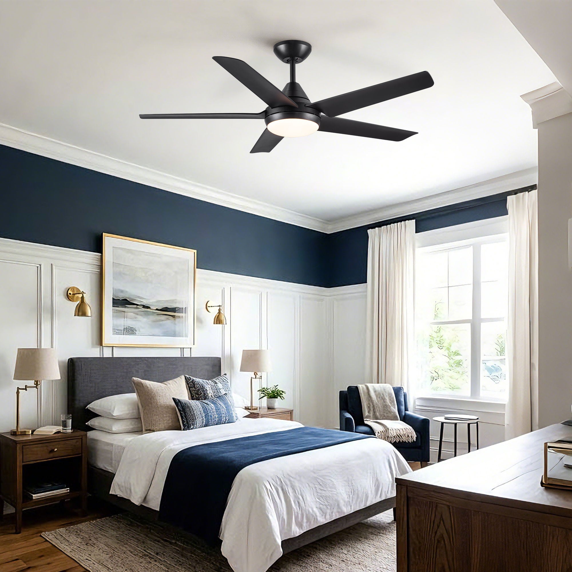 Ceiling Fan With Lights And Remote Control, Reversible DC Motor, 6 Speeds, 3 Cct Dimmable LED, Quiet Timer For Indoor - Black