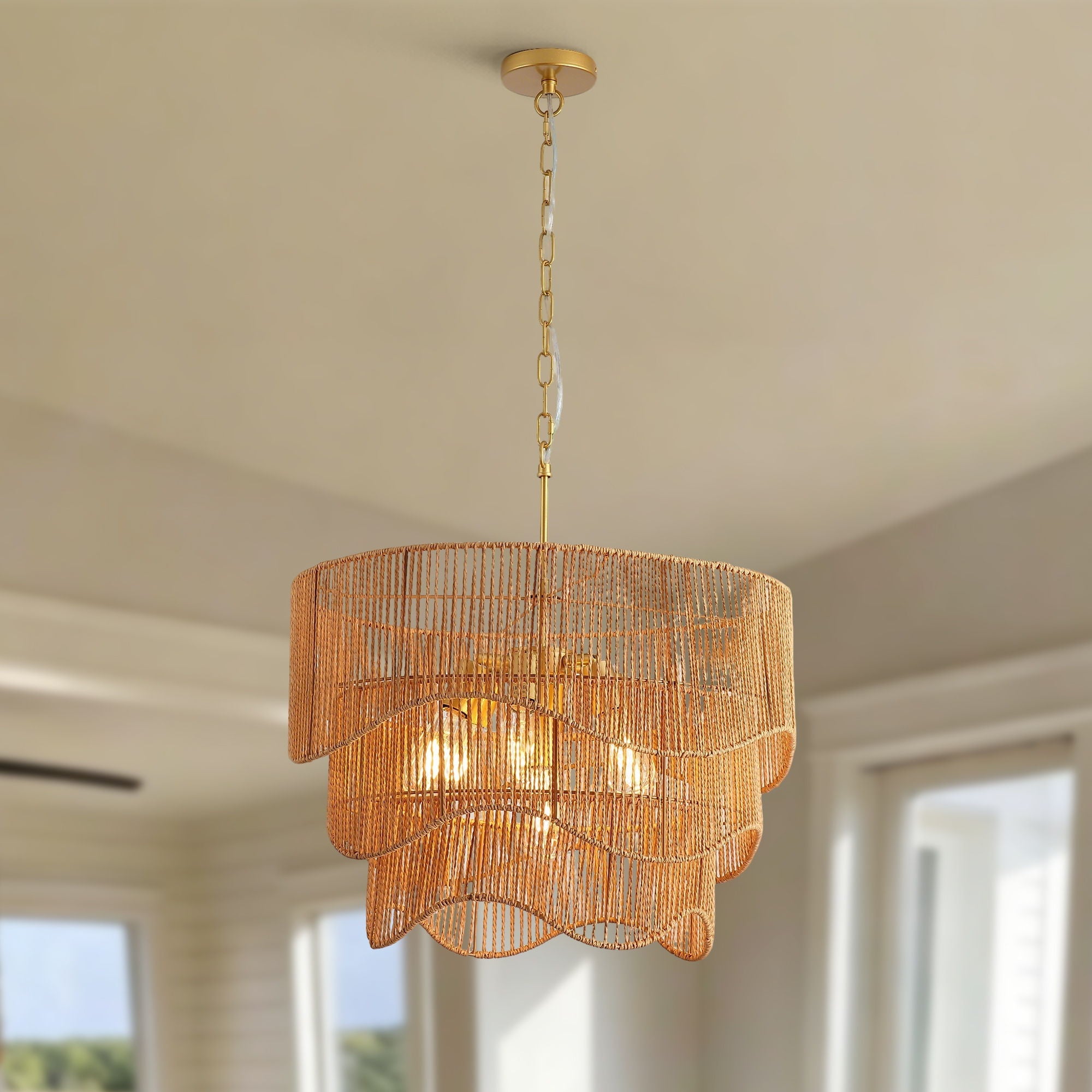 Chandelier With 7 Light E26 Base, Adjustable Height Wave Pendant Light For Living Room - Gold