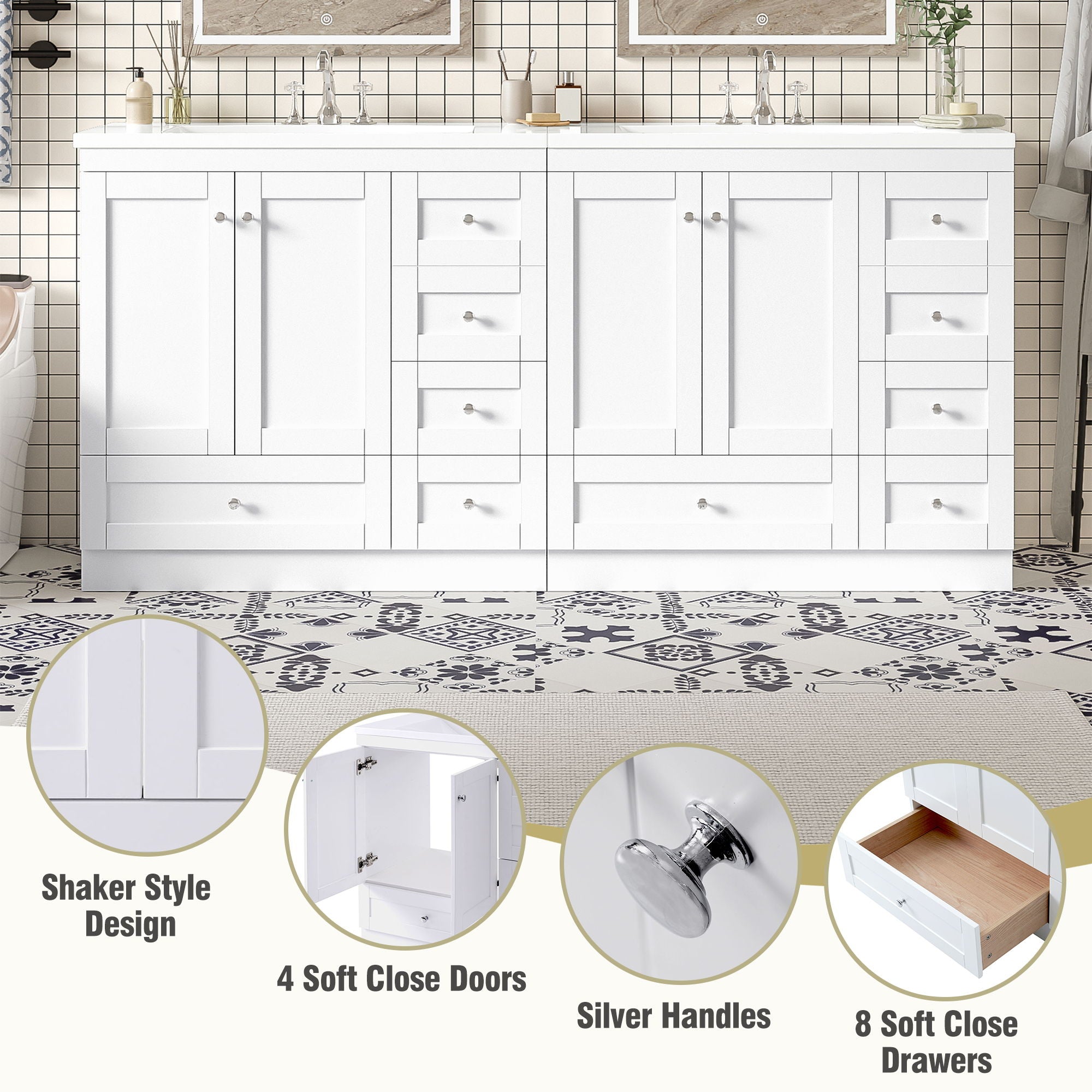 Shaker Free Standing Bathroom Vanity Cabinet & Sink, Soft Close Drawers, Soft Close Doors