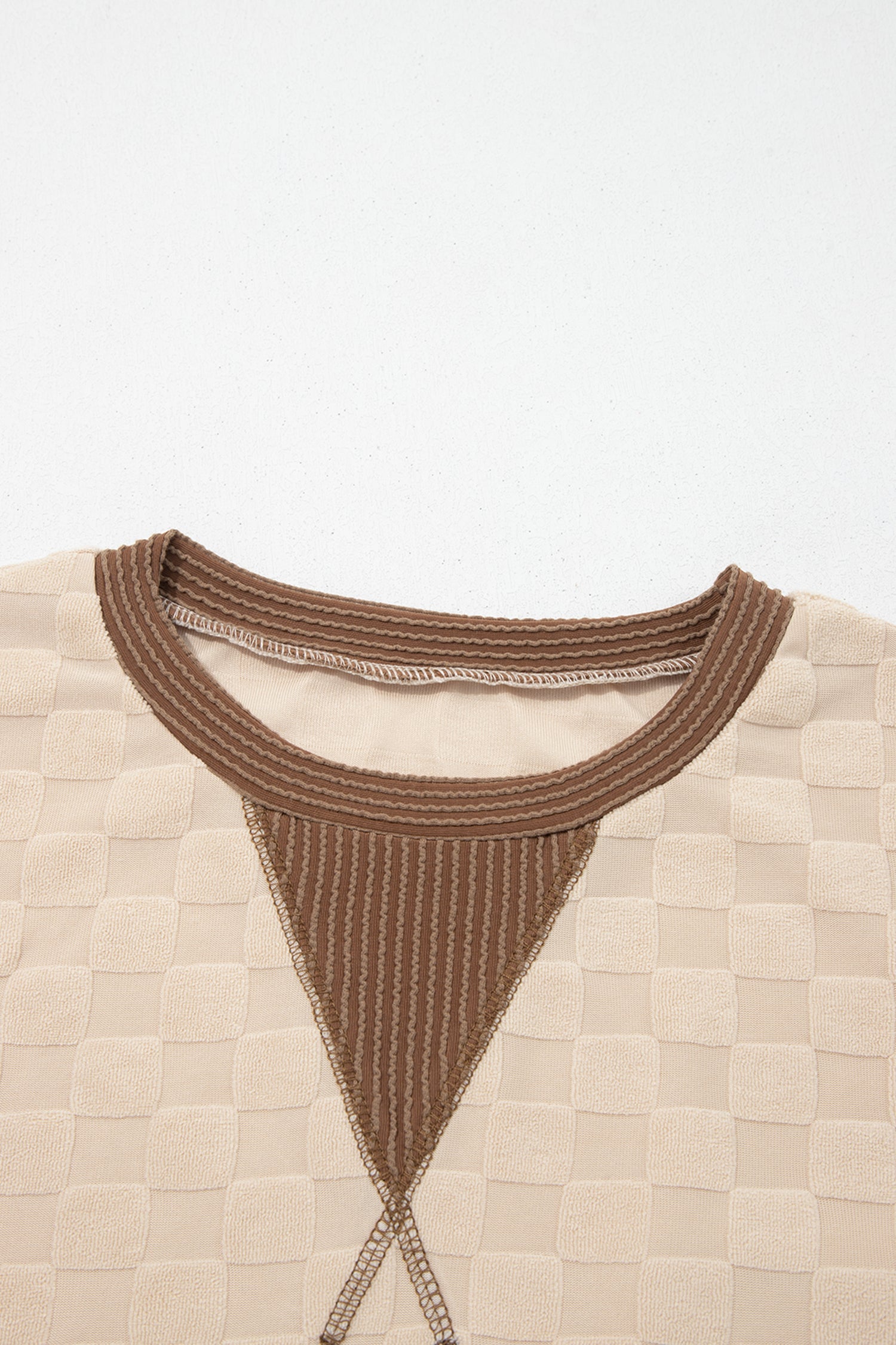 Checker Corded Knit Contrast Trim Long Sleeve Top
