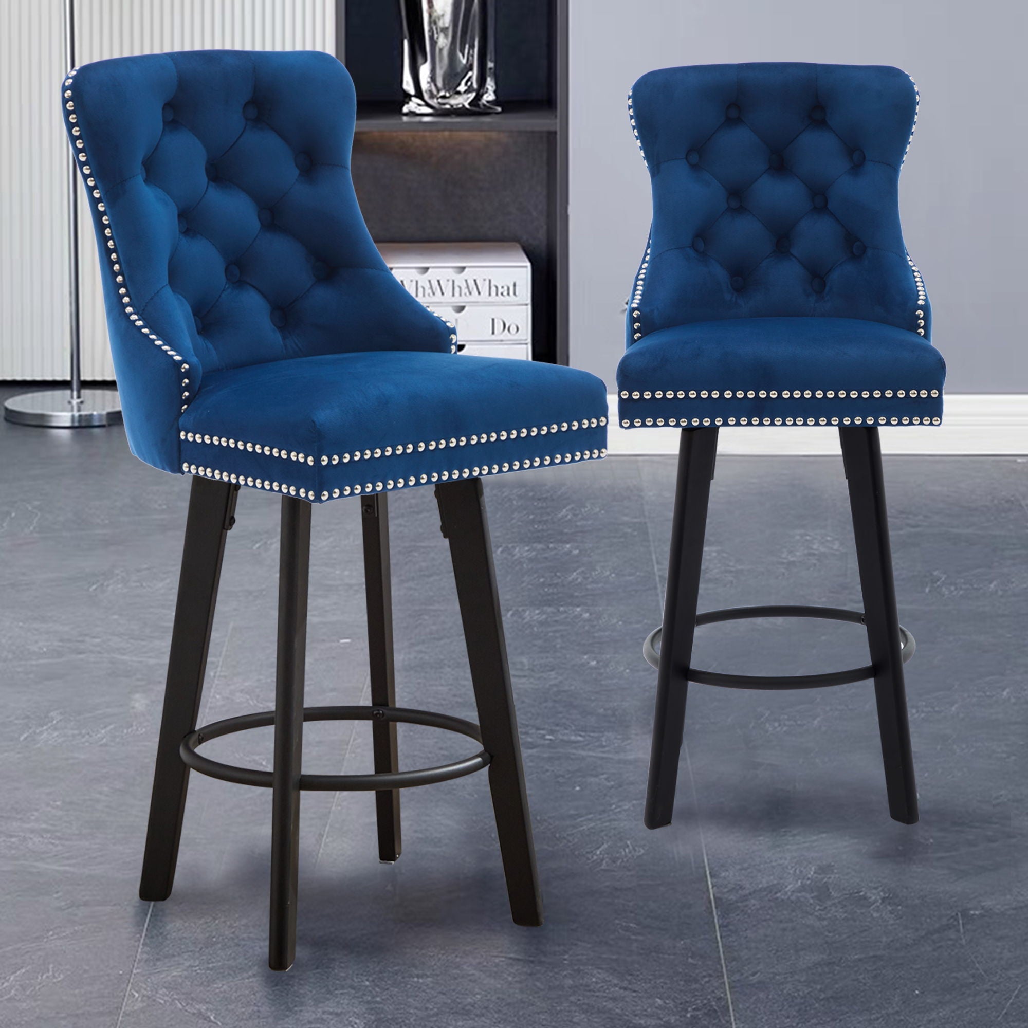 Swivel Bar Stools With Button Tufted Design And Rivet Trim
