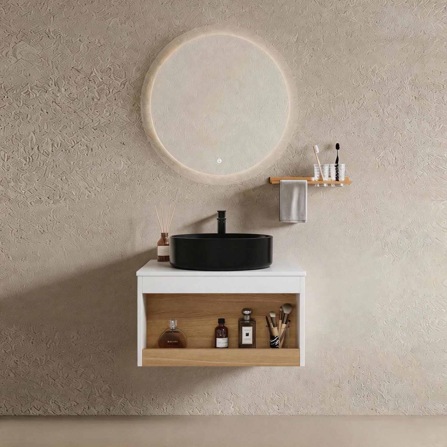 Floating Bathroom Vanity With Glossy Round Vessel Sink