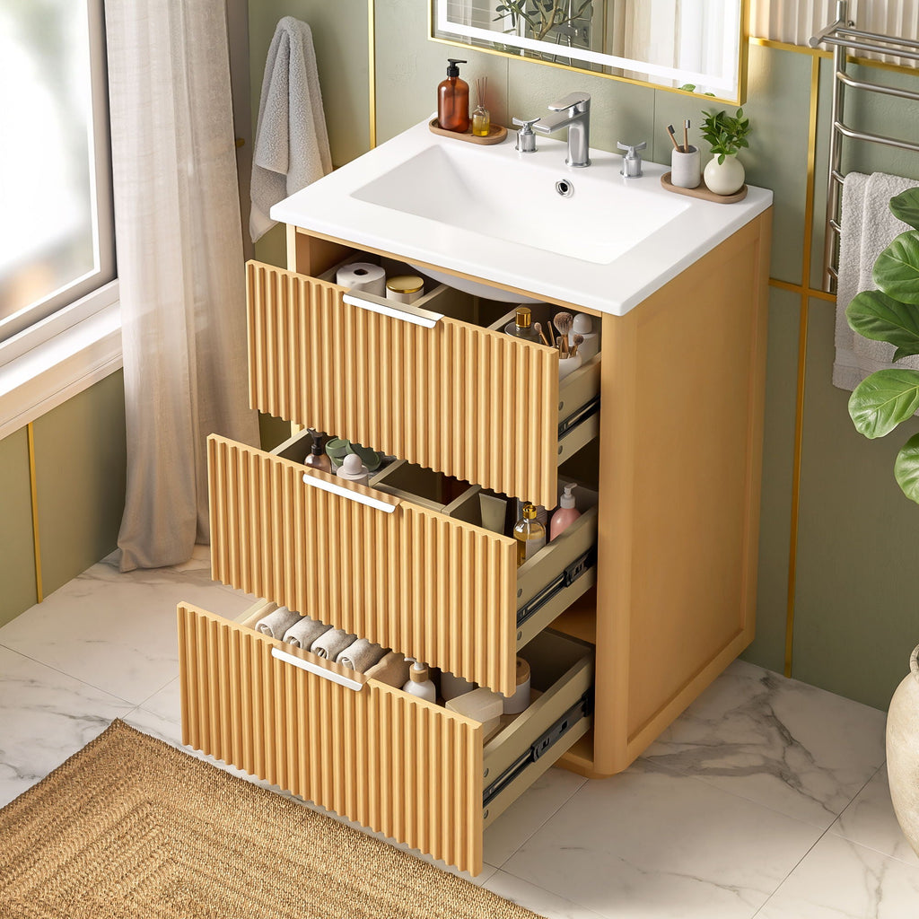 Bathroom Vanity With Sink, Open Shelf & Closed Storage - Natural Wood
