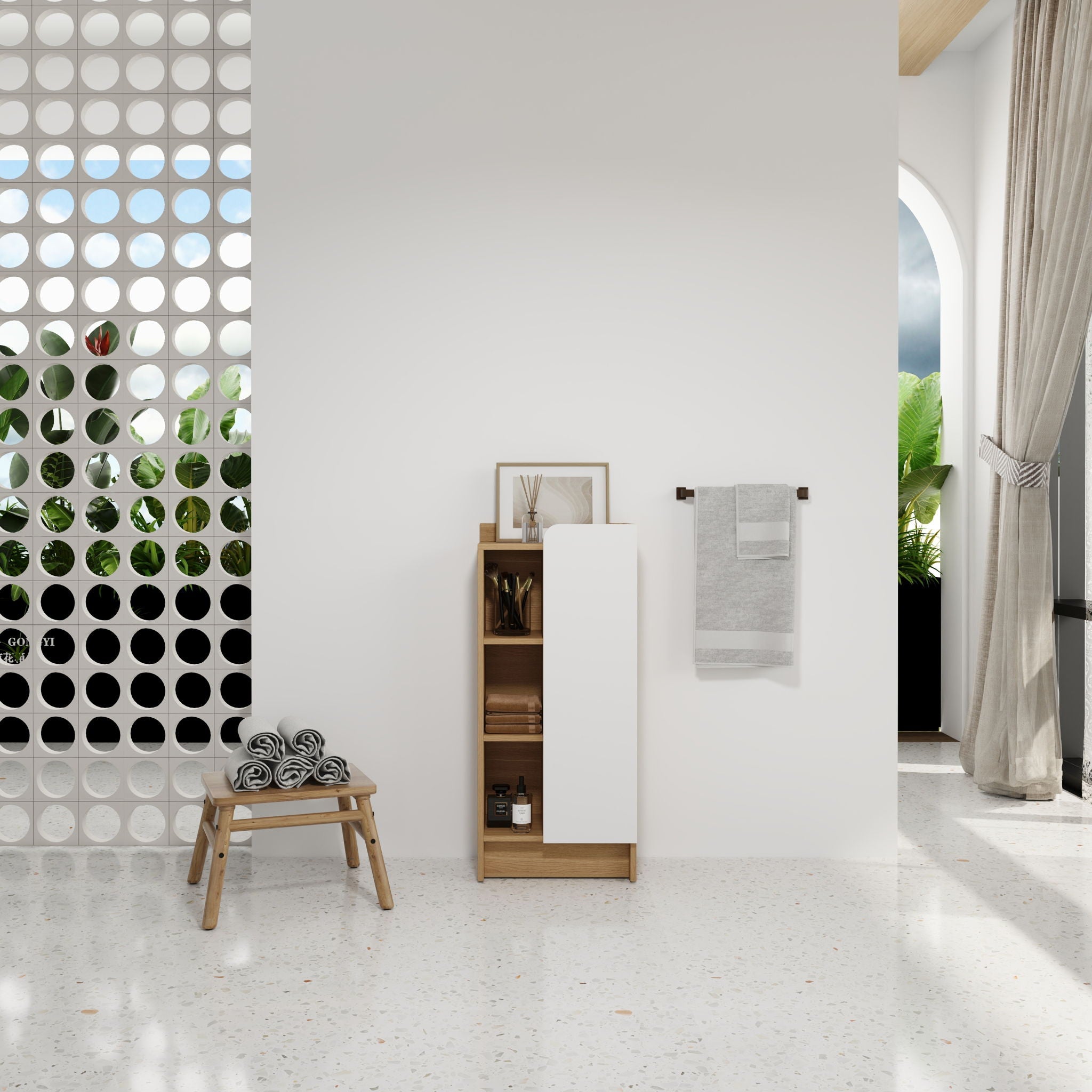 Freestanding Bathroom Side Cabinet, Narrow Storage Cabinet With Single Door & 3 Tier Open Shelves - Black / Light Oak / White