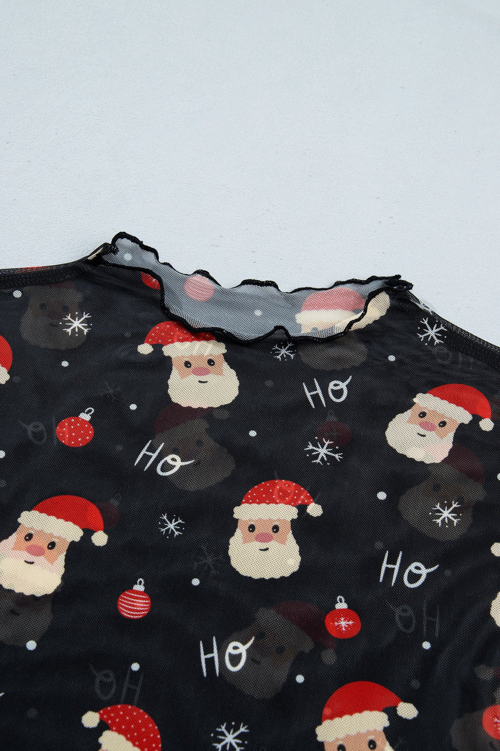 Santa Graphic Sheer Mock Neck Long Sleeve Mesh Top