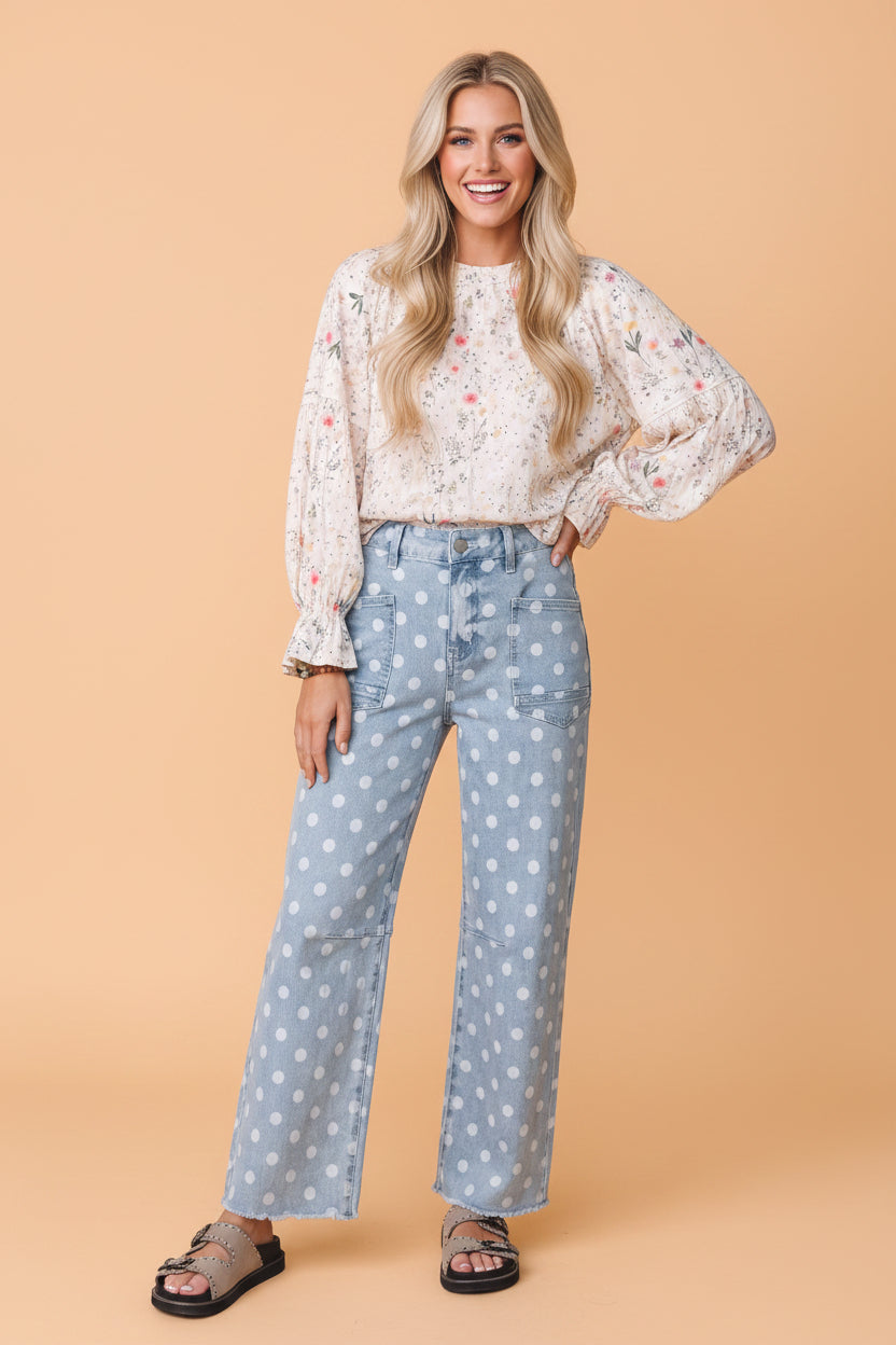 Polka Dot Denim Raw Hem Barrel Jeans