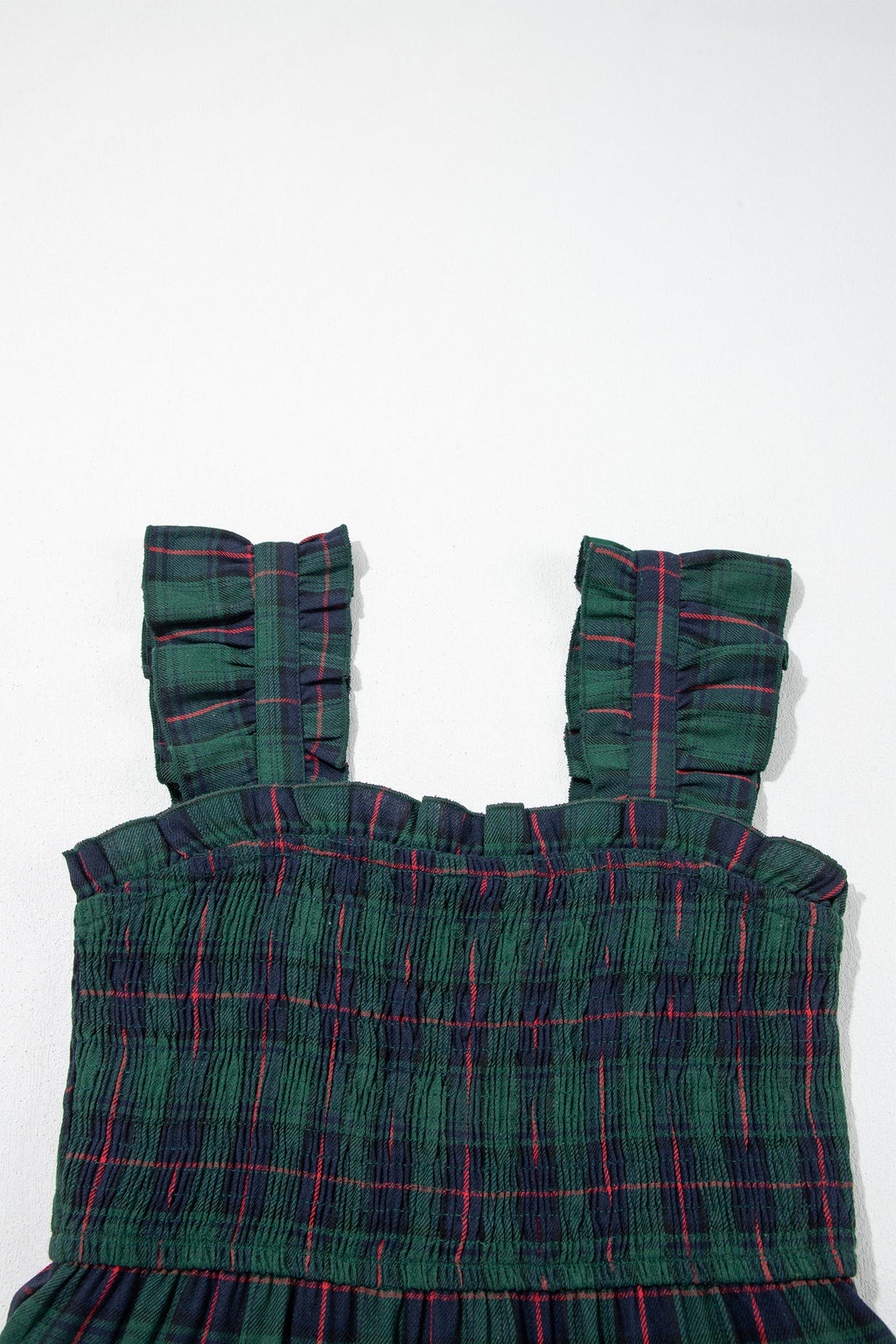 Plaid Ruffle Sleeveless Shirred Tiered Midi Dress