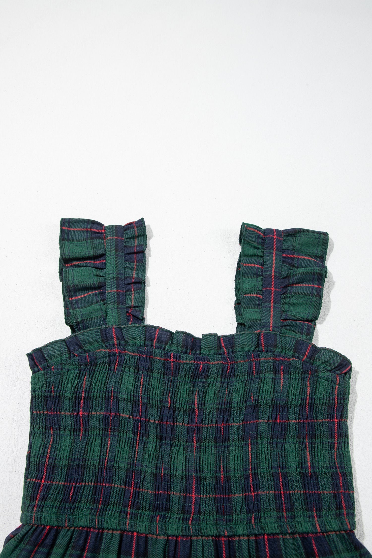 Plaid Ruffle Sleeveless Shirred Tiered Midi Dress