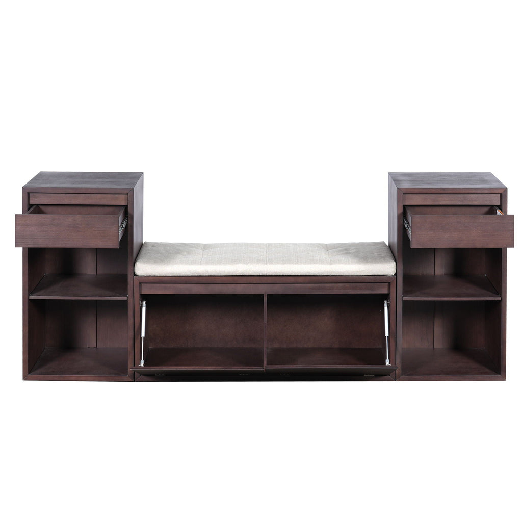 Entryway Storage Bench With Cushion, Drawers & Open Shelves