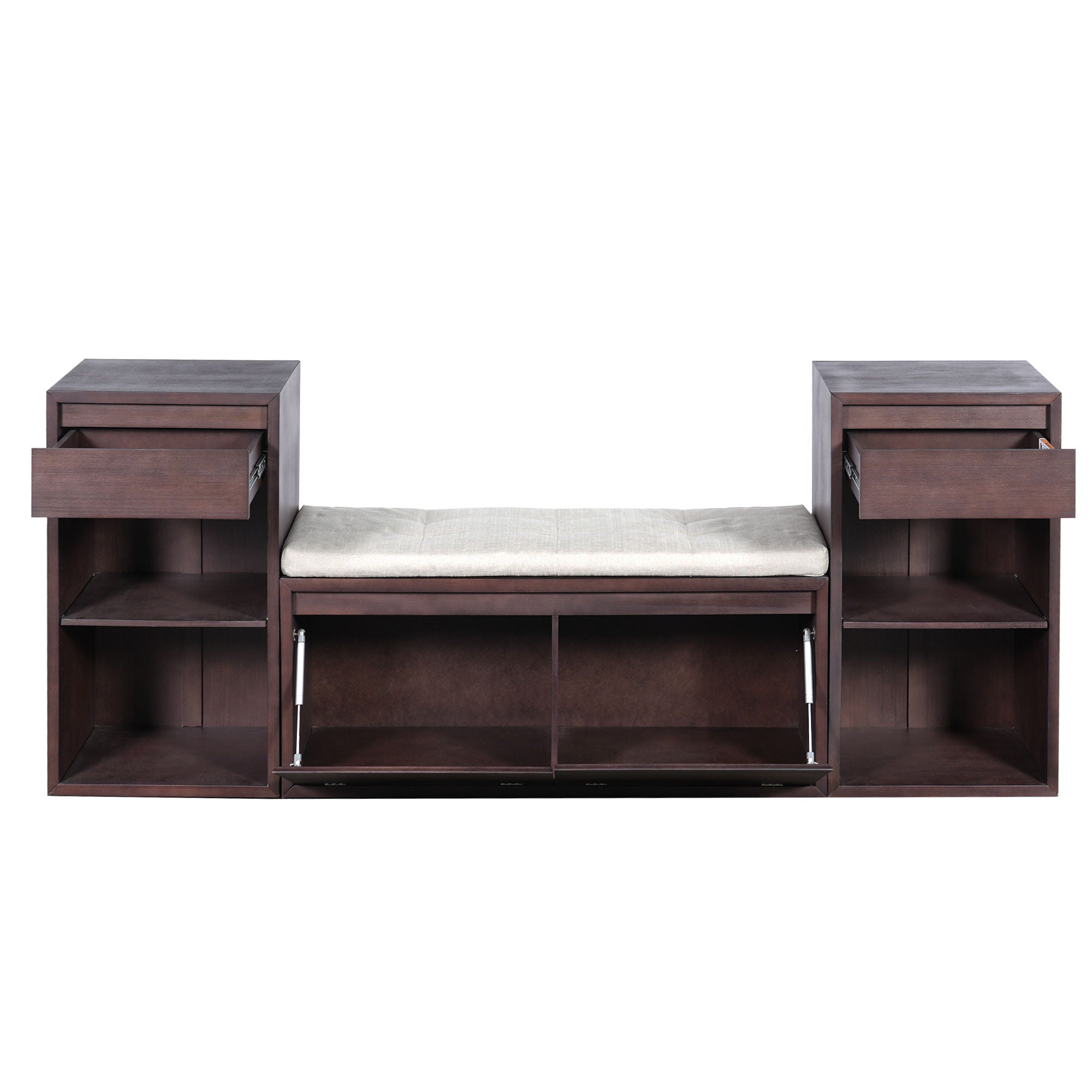 Entryway Storage Bench With Cushion, Drawers & Open Shelves