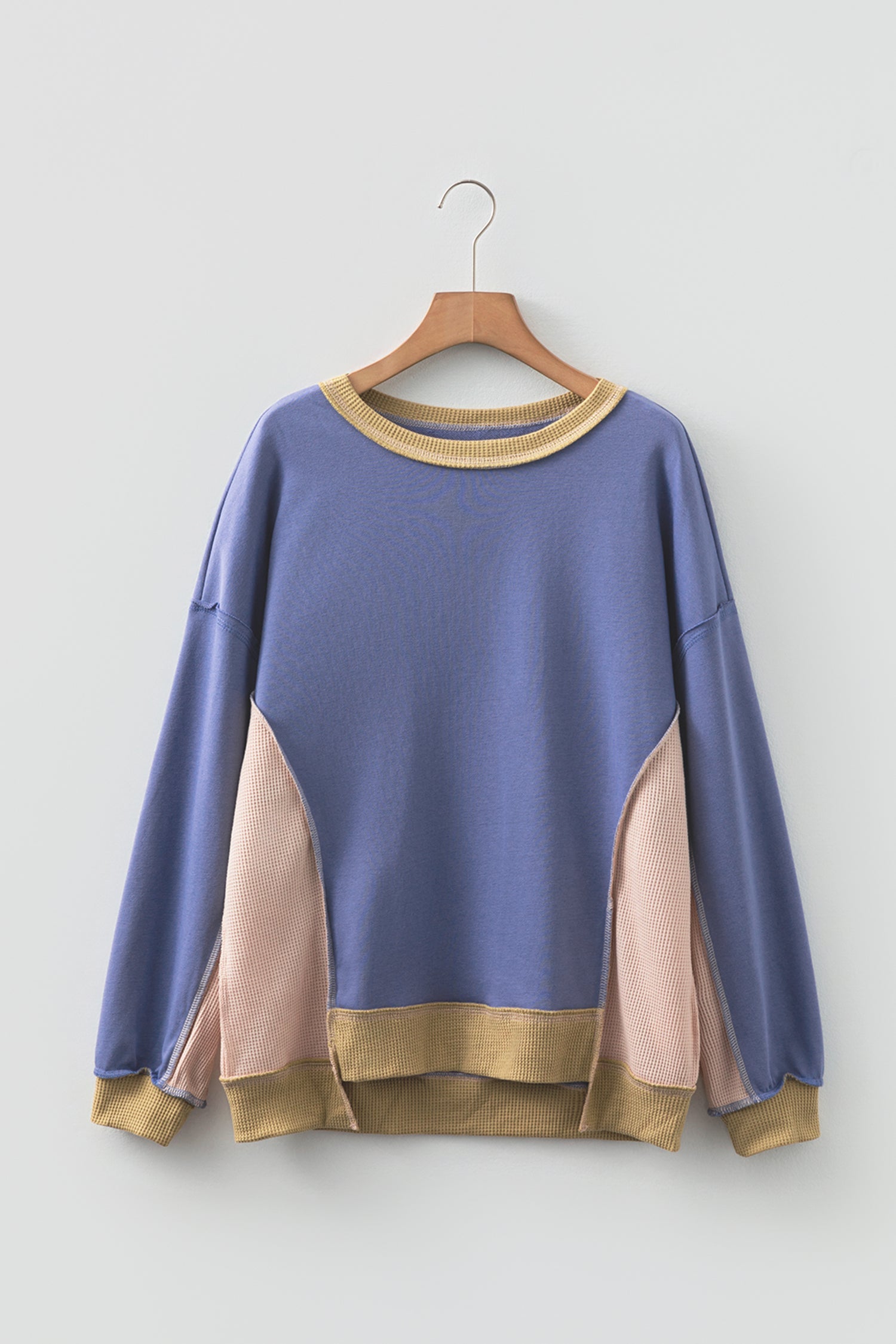 Colorblock Waffle Knit Patchwork Reverse Seam Oversize Sweatshirt