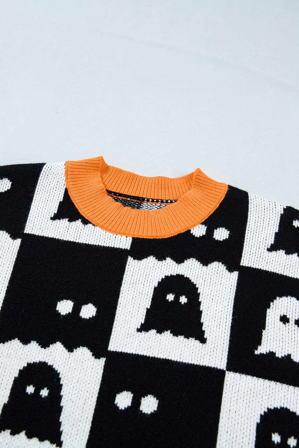 Halloween Ghost Checker High Neck Drop Shoulder Sweater