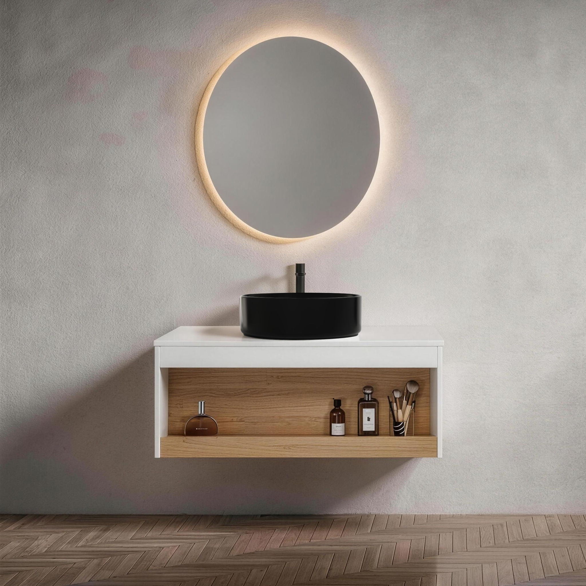 Floating Bathroom Vanity With Glossy Round Vessel Sink