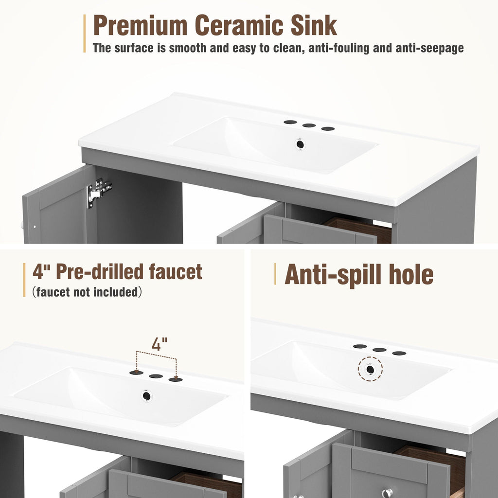Shaker Free Standing Bathroom Vanity Cabinet & Sink, Soft Close Drawers, Soft Close Doors